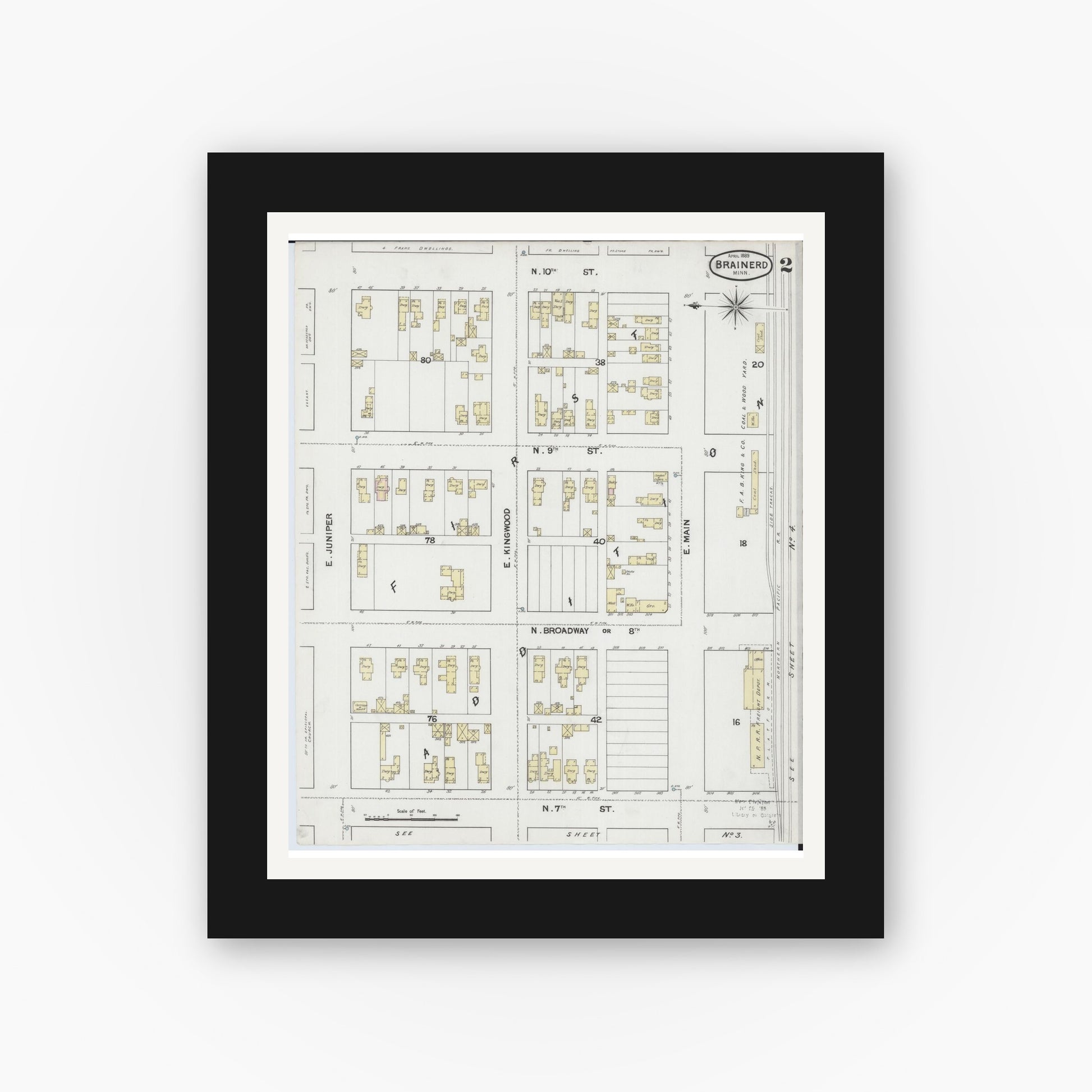 Old map wall art mockup — black gallery frame with white mat — Sanborn Fire Insurance Map from Brainerd, Crow Wing County, Minnesota (1889), Sheet #0002
