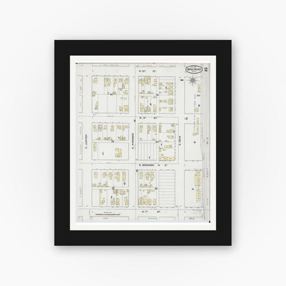 Old map wall art mockup — black gallery frame with white mat — Sanborn Fire Insurance Map from Brainerd, Crow Wing County, Minnesota (1889), Sheet #0002