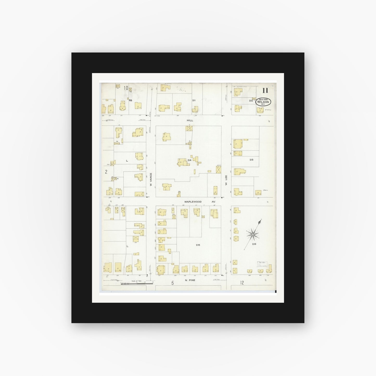 Old map wall art mockup — black gallery frame with white mat — Sanborn Fire Insurance Map from Wilson, Wilson County, North Carolina (1908), Sheet #0011