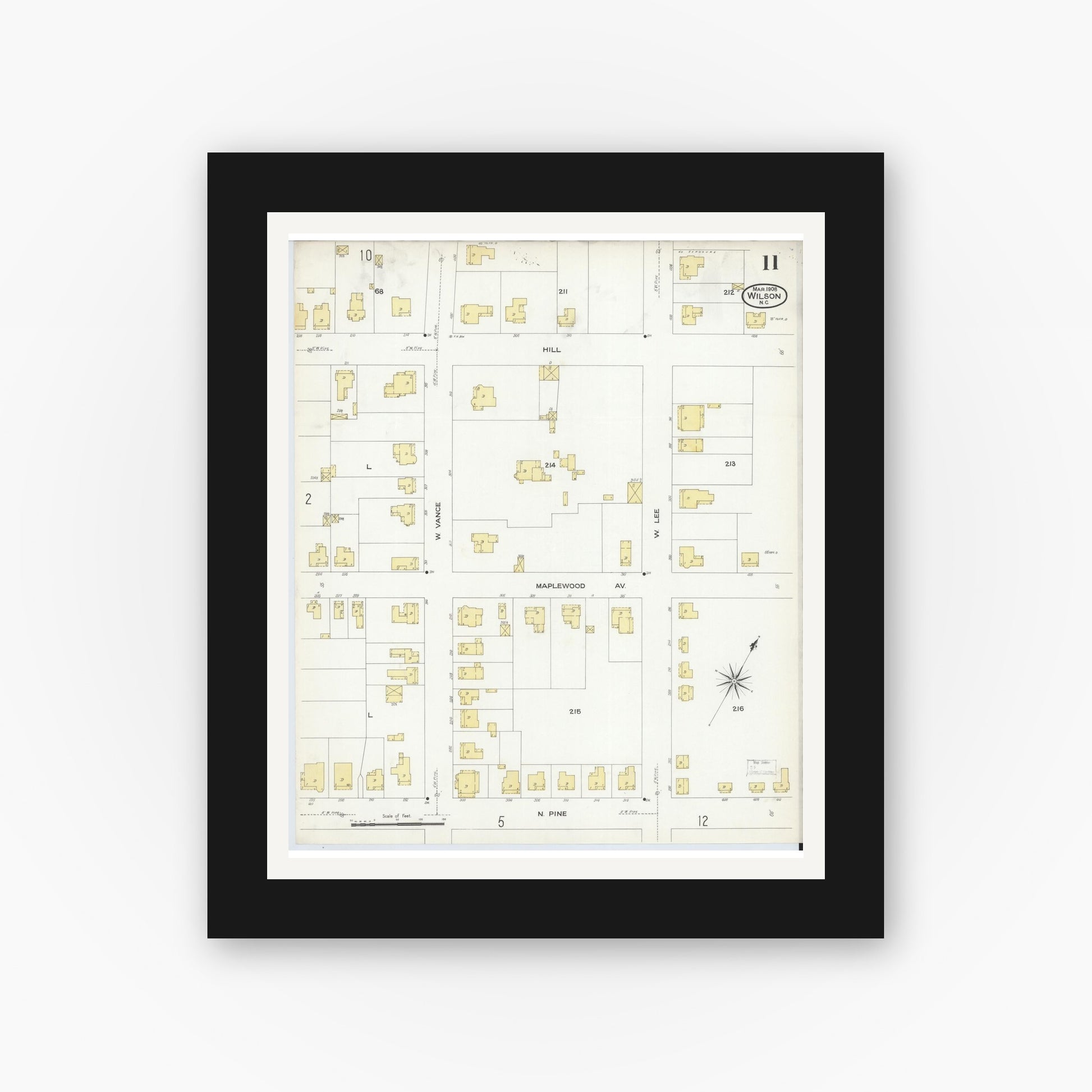 Old map wall art mockup — black gallery frame with white mat — Sanborn Fire Insurance Map from Wilson, Wilson County, North Carolina (1908), Sheet #0011