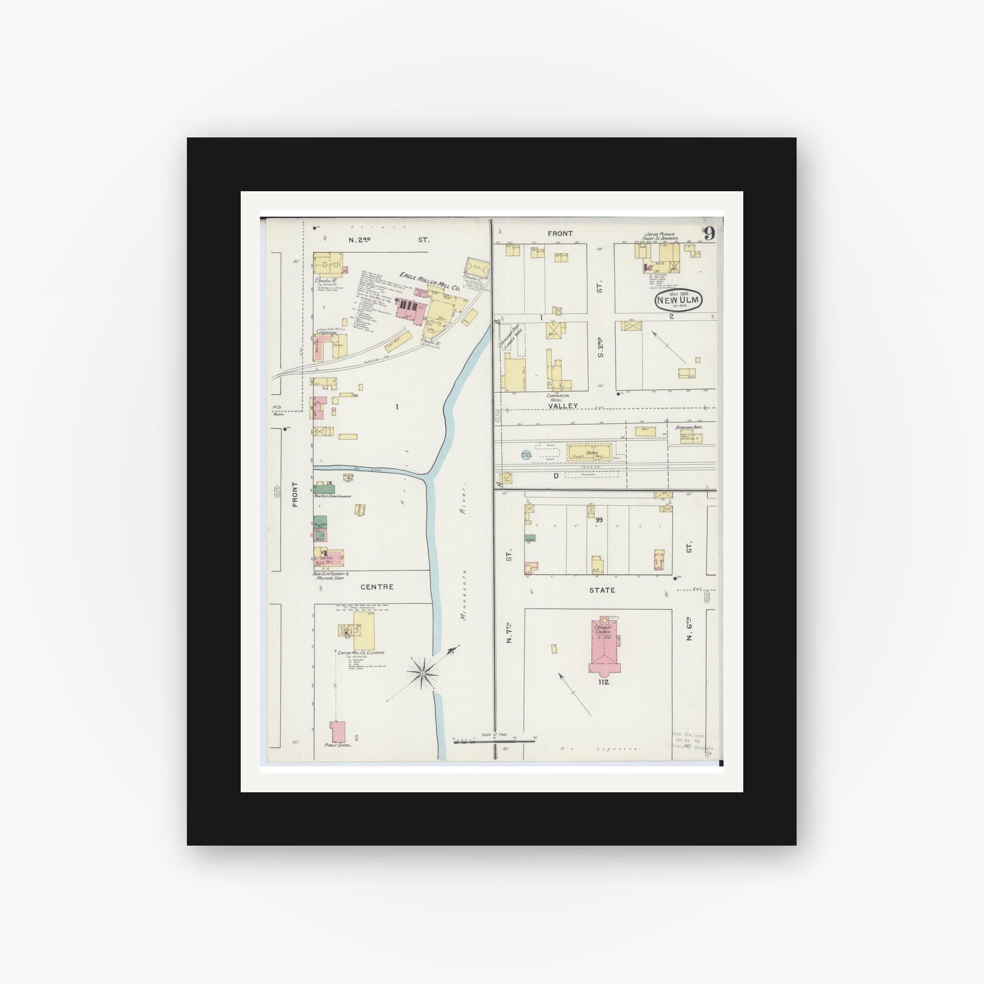Old map wall art mockup — black gallery frame with white mat — Sanborn Fire Insurance Map from New Ulm, Brown County, Minnesota (1894), Sheet #0009