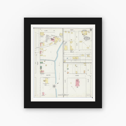 Old map wall art mockup — black gallery frame with white mat — Sanborn Fire Insurance Map from New Ulm, Brown County, Minnesota (1894), Sheet #0009