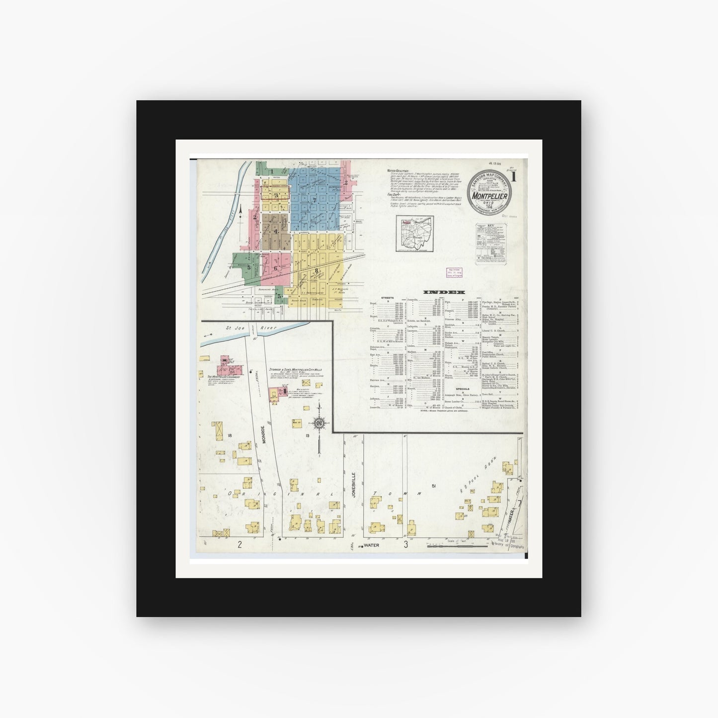 Old map wall art mockup — black gallery frame with white mat — Sanborn Fire Insurance Map from Montpelier, Williams County, Ohio (1916) - Complete Map Set