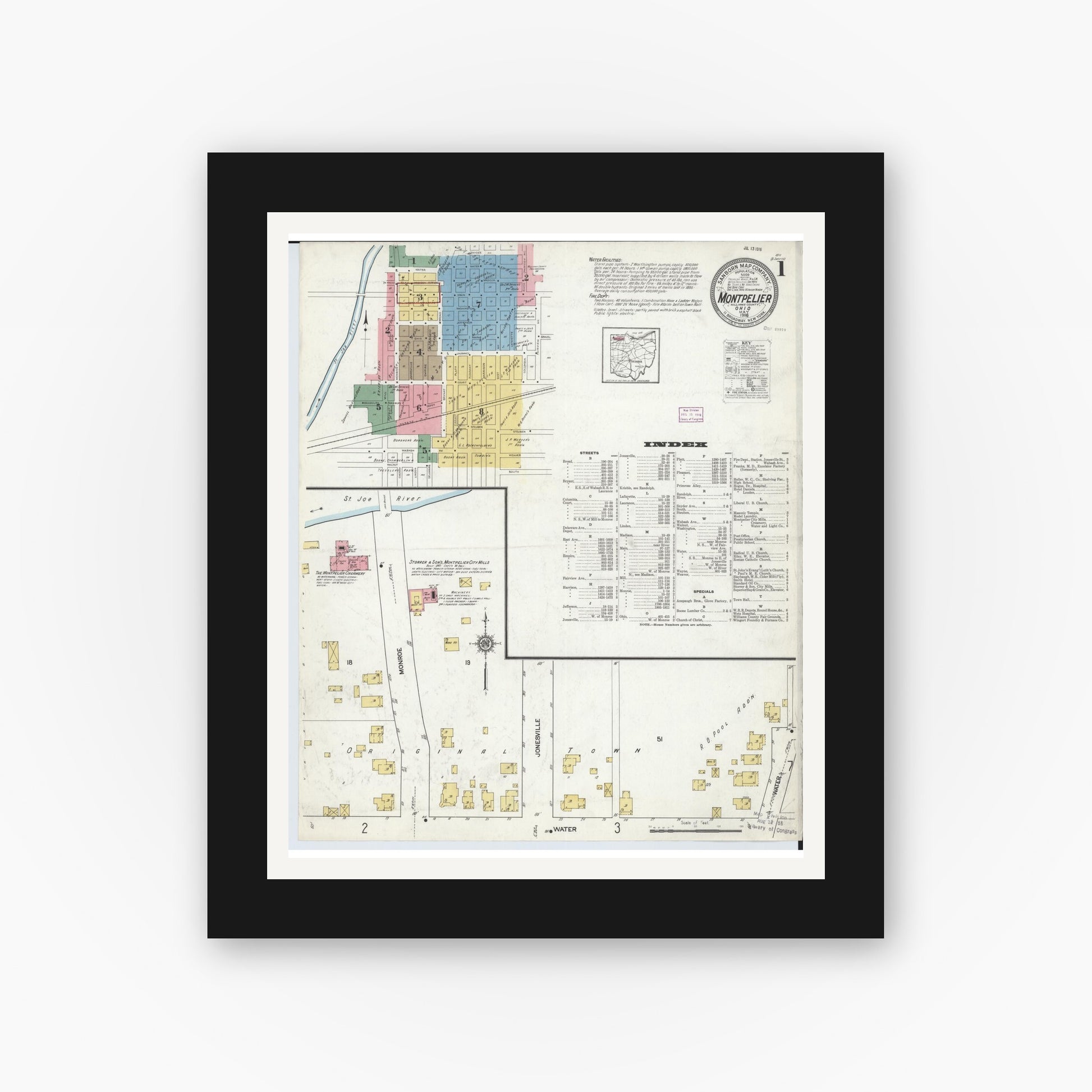 Old map wall art mockup — black gallery frame with white mat — Sanborn Fire Insurance Map from Montpelier, Williams County, Ohio (1916) - Complete Map Set