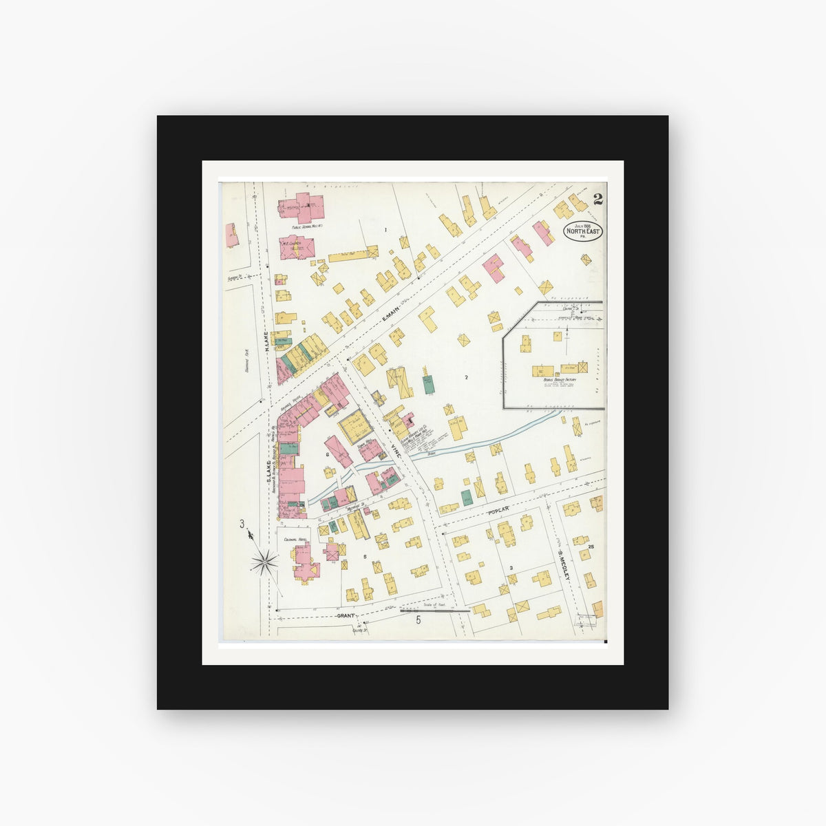 Old map wall art mockup — black gallery frame with white mat — Sanborn Fire Insurance Map from North East, Erie County, Pennsylvania (1905), Sheet #0002