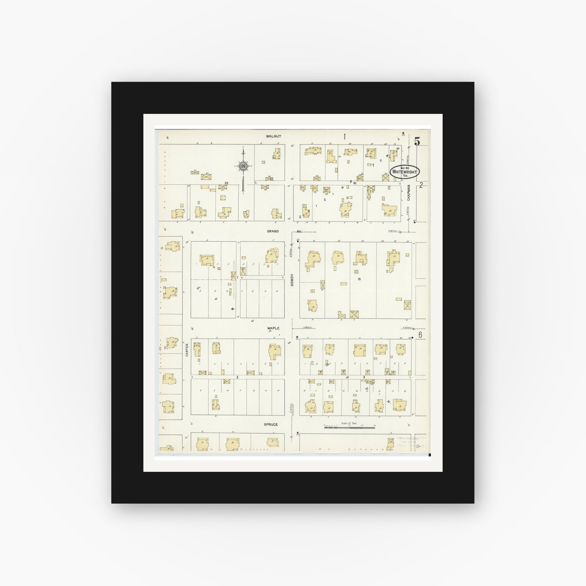 Old map wall art mockup — black gallery frame with white mat — Sanborn Fire Insurance Map from Whitewright, Grayson County, Texas (1912), Sheet #0005