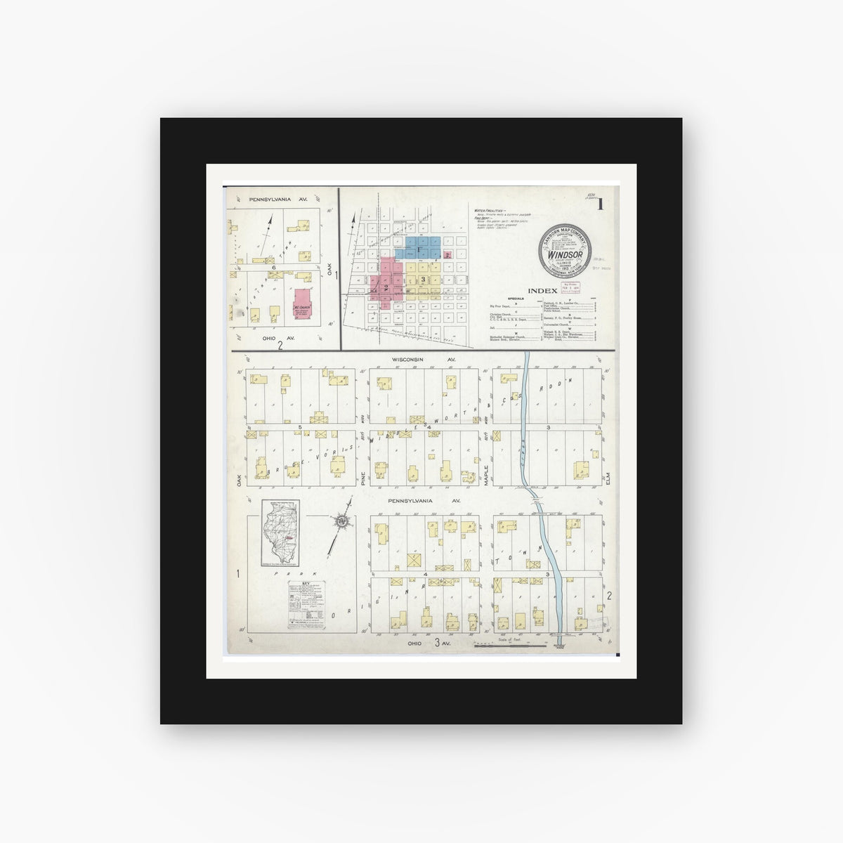 Old map wall art mockup — black gallery frame with white mat — Sanborn Fire Insurance Map from Windsor, Shelby County, Illinois (1913), Sheet #0001