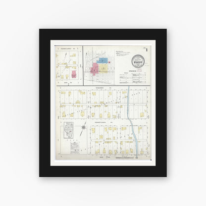 Old map wall art mockup — black gallery frame with white mat — Sanborn Fire Insurance Map from Windsor, Shelby County, Illinois (1913), Sheet #0001
