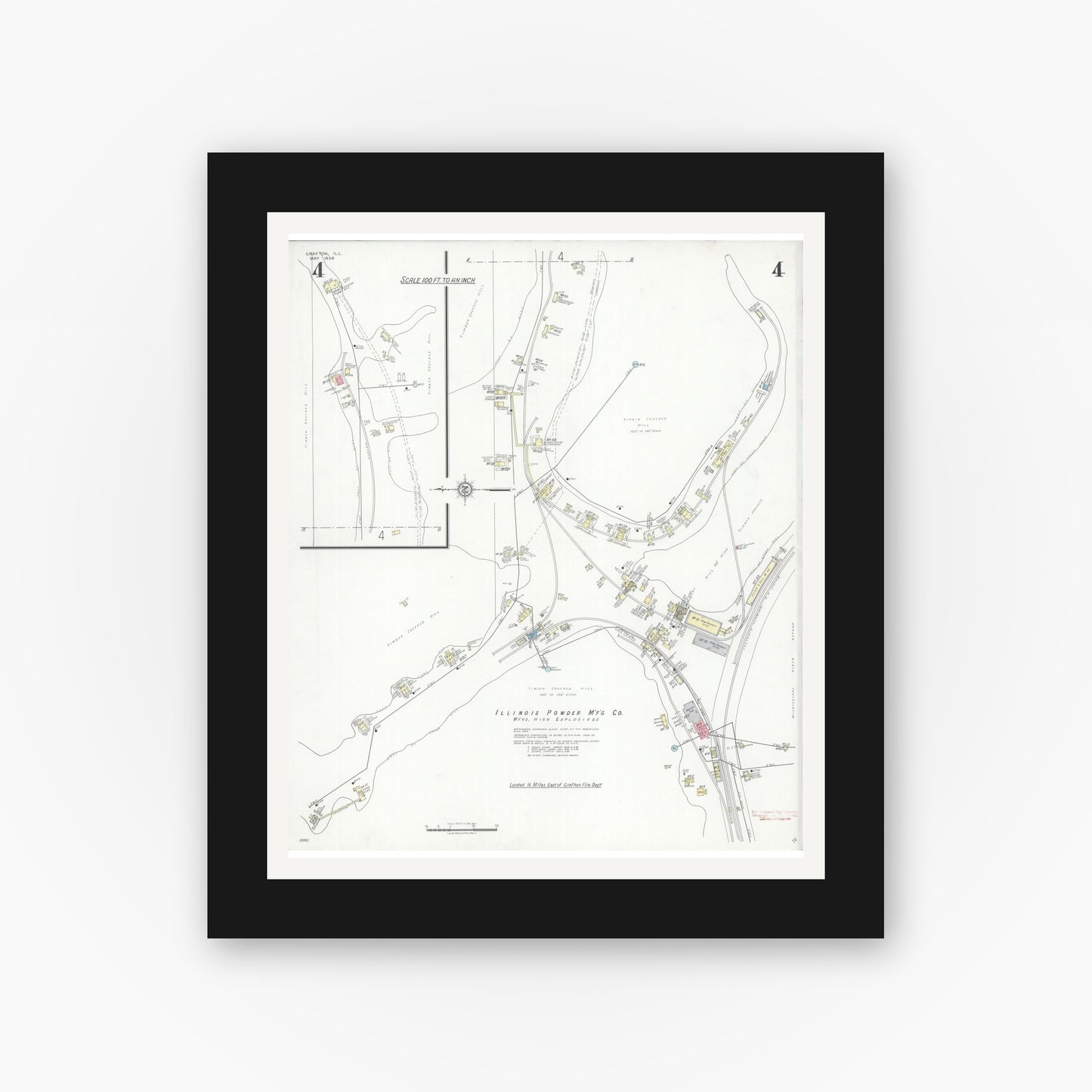 Old map wall art mockup — black gallery frame with white mat — Sanborn Fire Insurance Map from Grafton, Jersey County, Illinois (1936), Sheet #0004