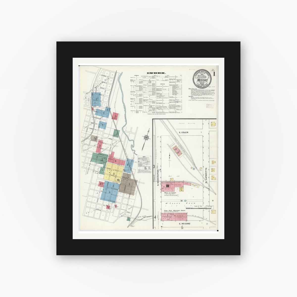 Old map wall art mockup — black gallery frame with white mat — Sanborn Fire Insurance Map from Neosho, Newton County, Missouri (1909) - Complete Map Set