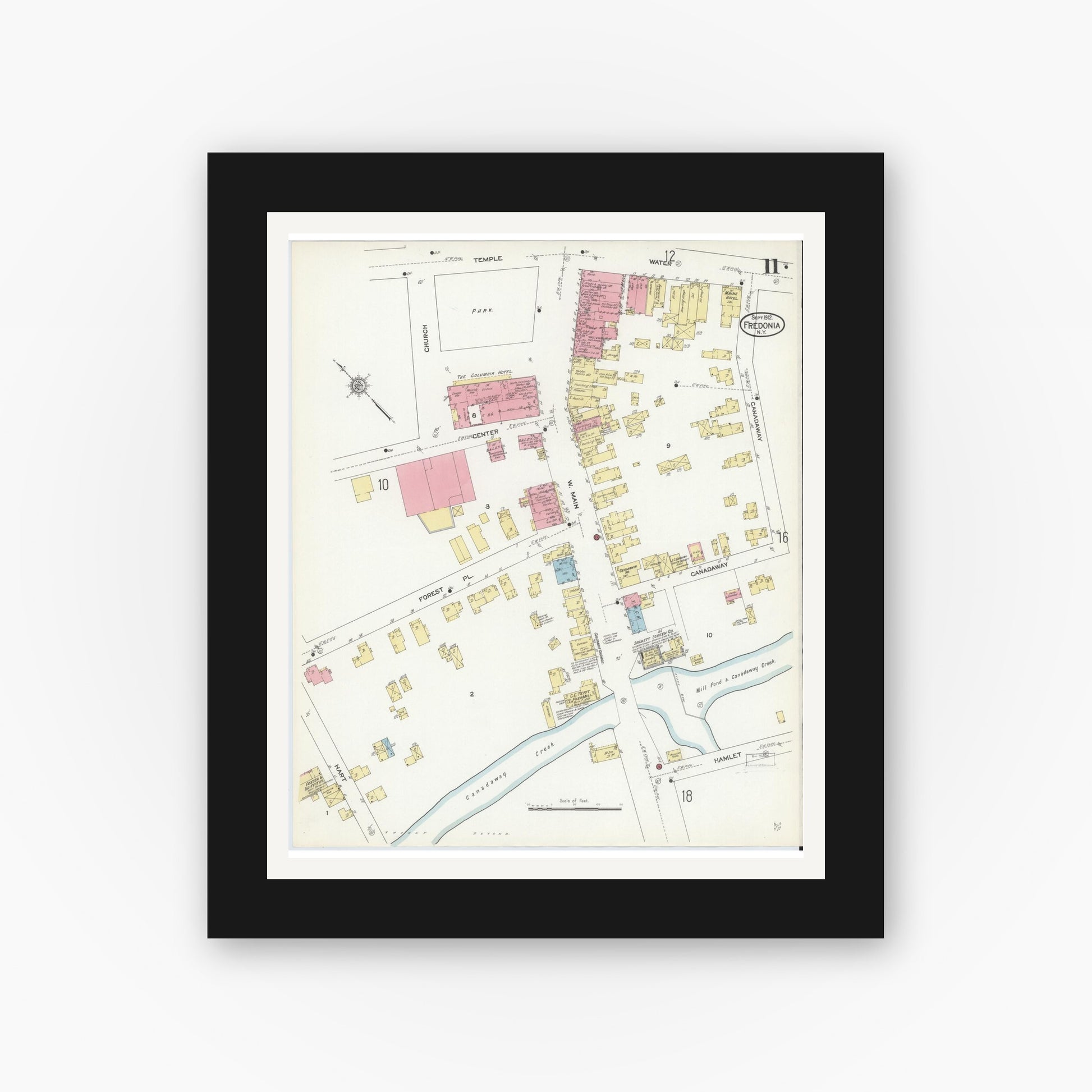Old map wall art mockup — black gallery frame with white mat — Sanborn Fire Insurance Map from Fredonia, Chautauqua County, New York (1912), Sheet #0011