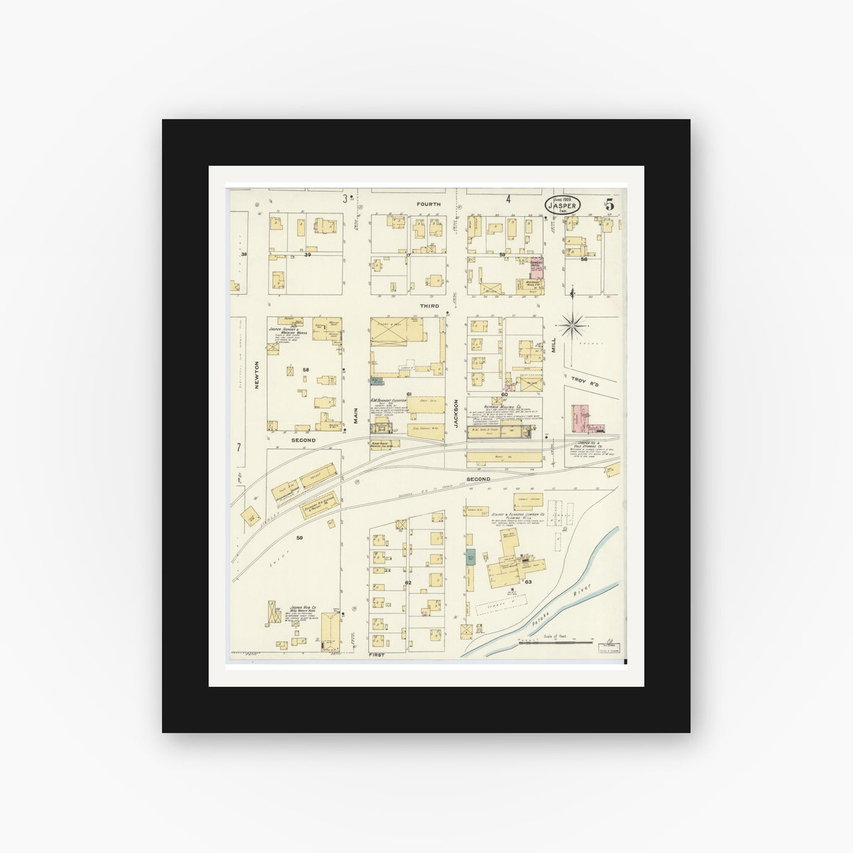 Old map wall art mockup — black gallery frame with white mat — Sanborn Fire Insurance Map from Jasper, Dubois County, Indiana (1909), Sheet #0005