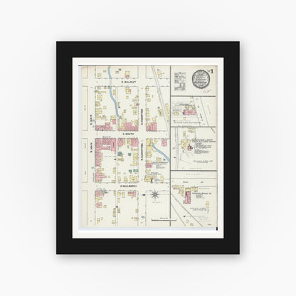 Old map wall art mockup — black gallery frame with white mat — Sanborn Fire Insurance Map from Wilmington, Clinton County, Ohio (1890), Sheet #0001