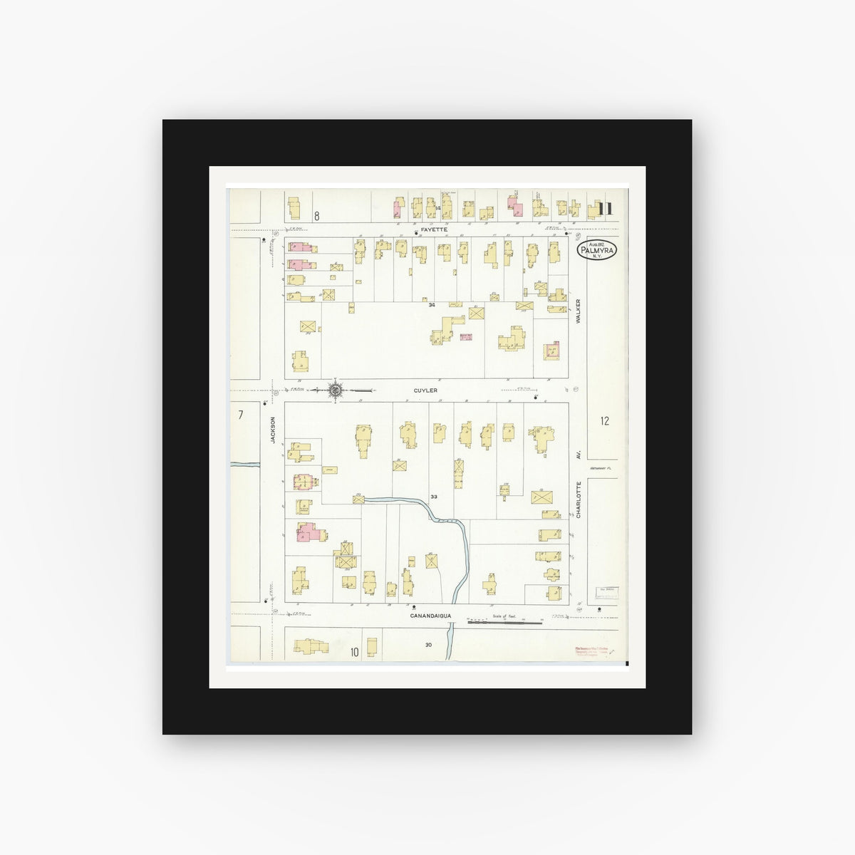 Old map wall art mockup — black gallery frame with white mat — Sanborn Fire Insurance Map from Palmyra, Wayne County, New York (1912), Sheet #0011