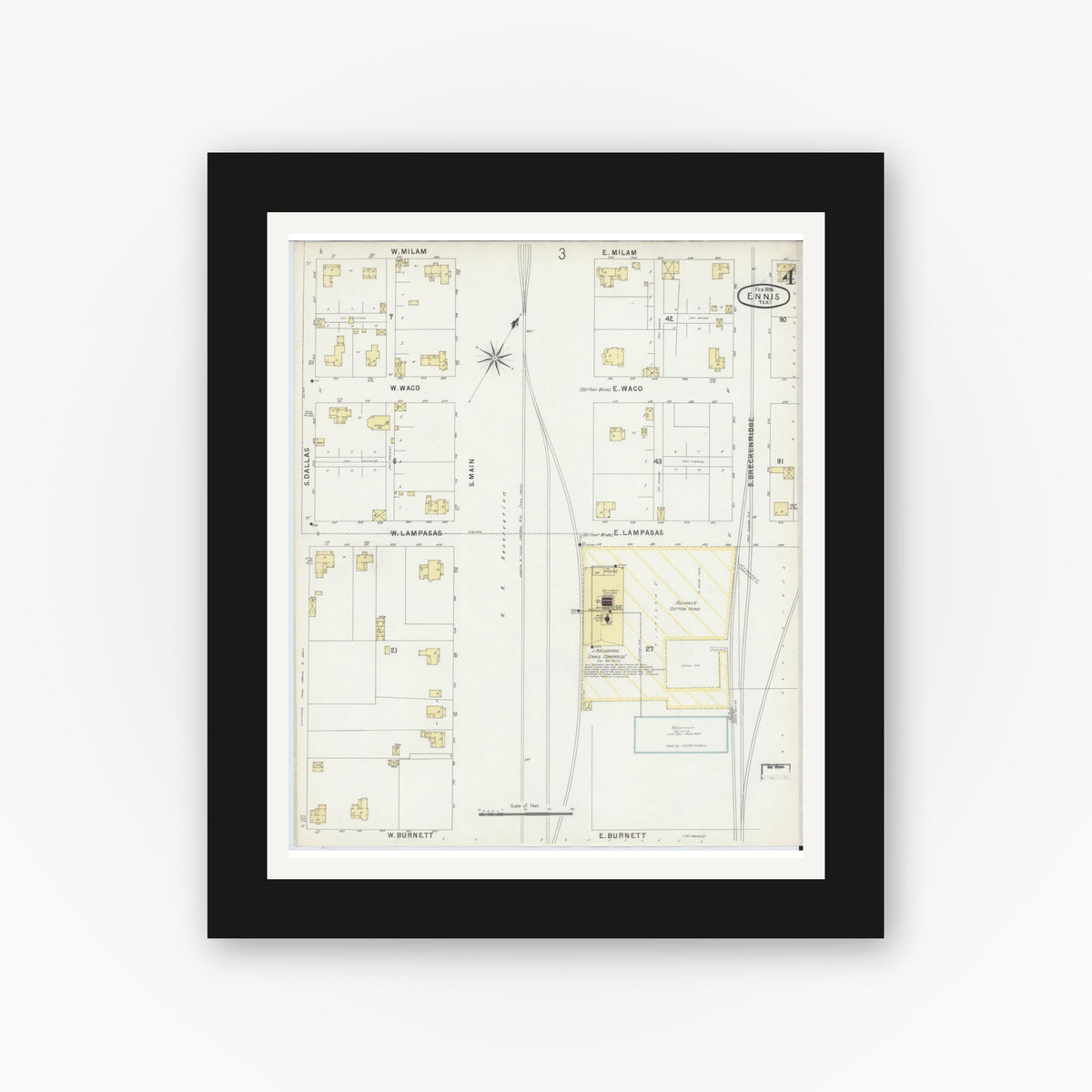 Old map wall art mockup — black gallery frame with white mat — Sanborn Fire Insurance Map from Ennis, Ellis County, Texas (1896), Sheet #0004