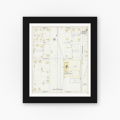Old map wall art mockup — black gallery frame with white mat — Sanborn Fire Insurance Map from Ennis, Ellis County, Texas (1896), Sheet #0004