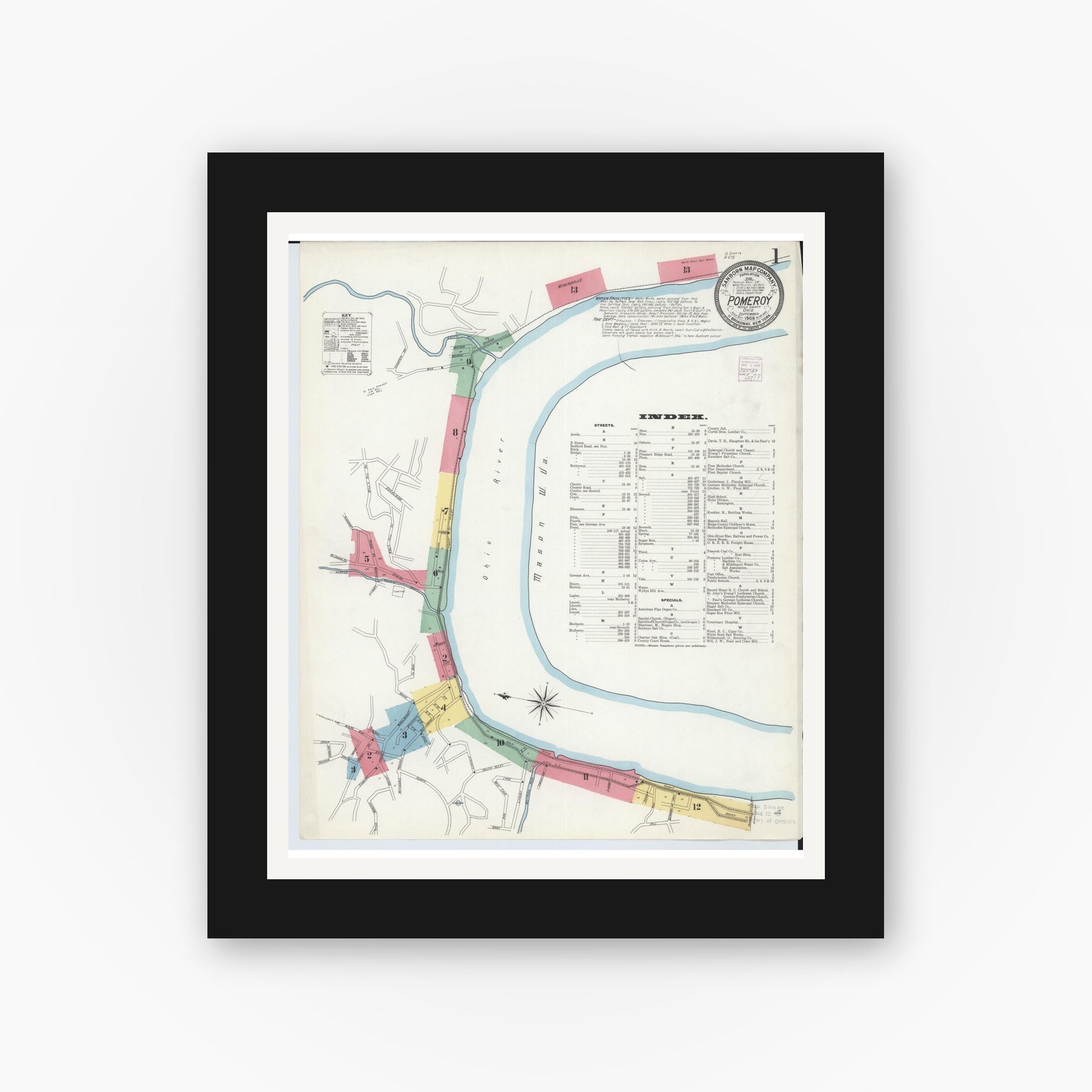 Old map wall art mockup — black gallery frame with white mat — Sanborn Fire Insurance Map from Pomeroy, Meigs County, Ohio (1908) - Complete Map Set