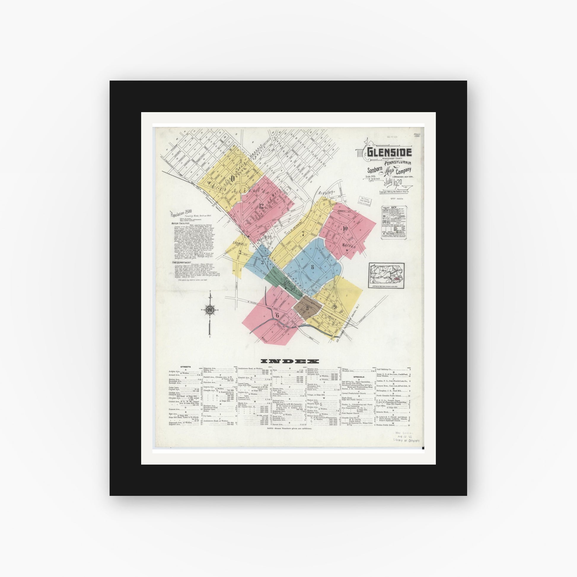 Old map wall art mockup — black gallery frame with white mat — Sanborn Fire Insurance Map from Glenside, Montgomery County, Pennsylvania (1920), Sheet #0001