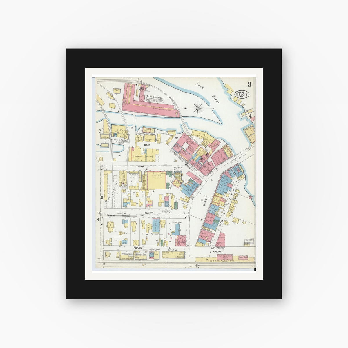 Old map wall art mockup — black gallery frame with white mat — Sanborn Fire Insurance Map from Beloit, Rock County, Wisconsin (1902), Sheet #0003