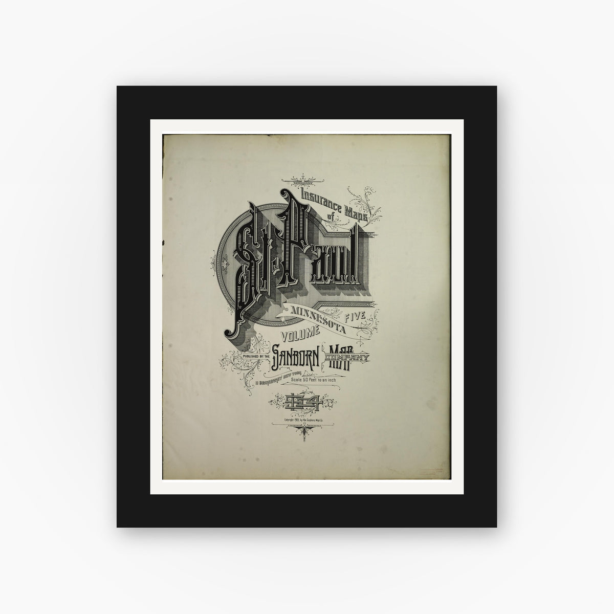 Old map wall art mockup — black gallery frame with white mat — Sanborn Fire Insurance Map from Saint Paul, Ramsey County, Minnesota (1904), Sheet #0001