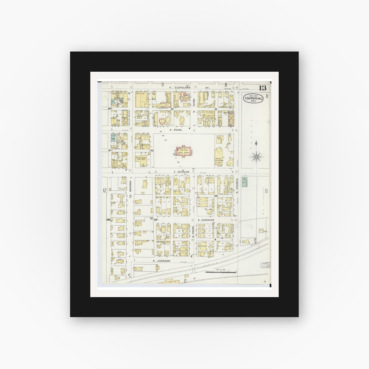 Old map wall art mockup — black gallery frame with white mat — Sanborn Fire Insurance Map from Ishpeming, Marquette County, Michigan (1897), Sheet #0013