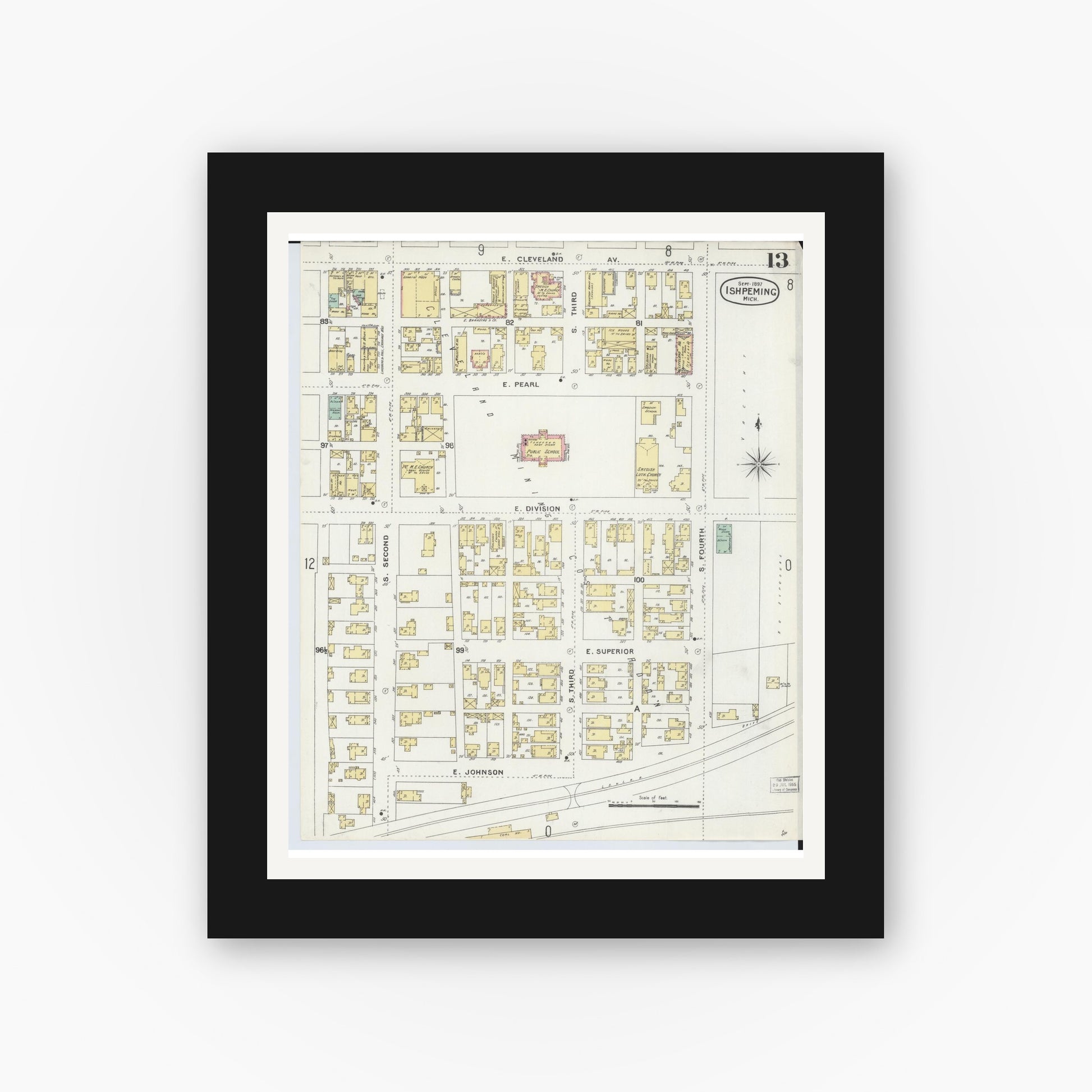 Old map wall art mockup — black gallery frame with white mat — Sanborn Fire Insurance Map from Ishpeming, Marquette County, Michigan (1897), Sheet #0013