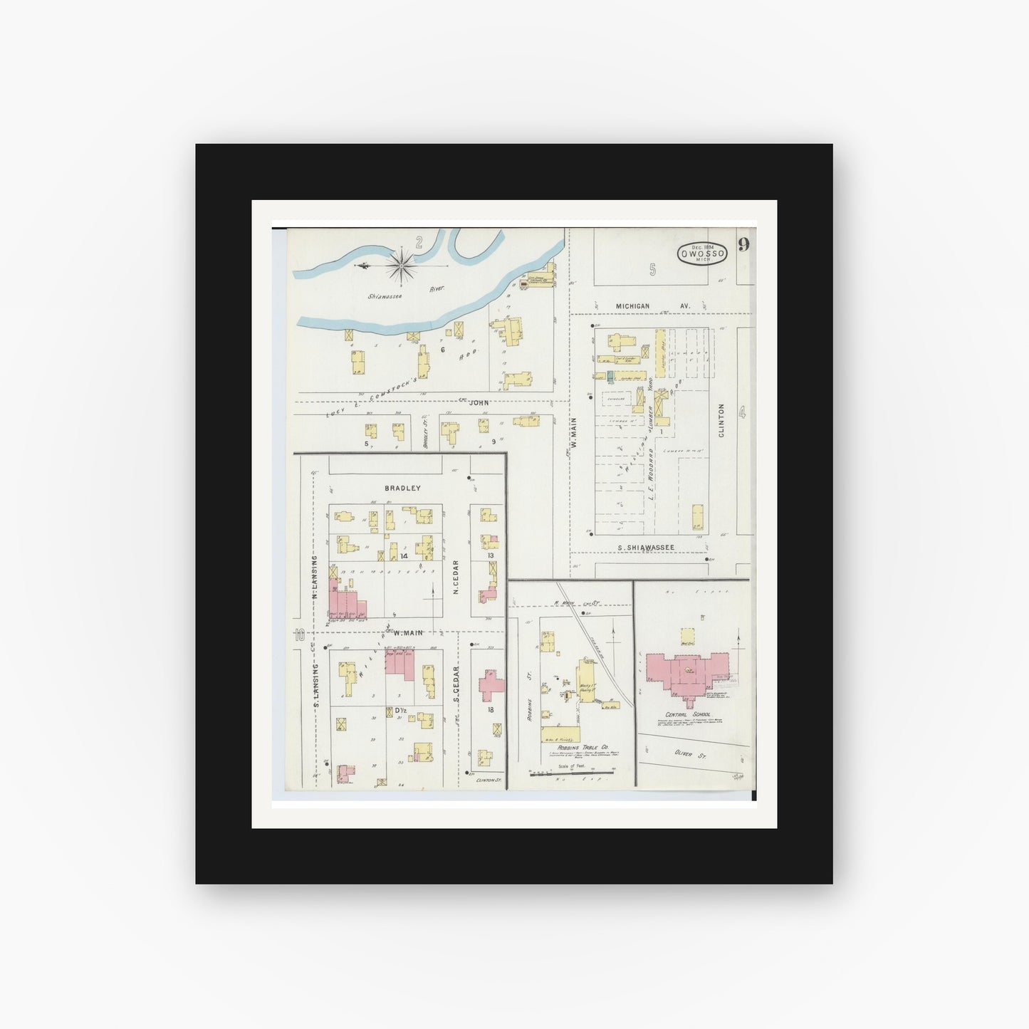 Old map wall art mockup — black gallery frame with white mat — Sanborn Fire Insurance Map from Owosso, Shiawassee County, Michigan (1894), Sheet #0009