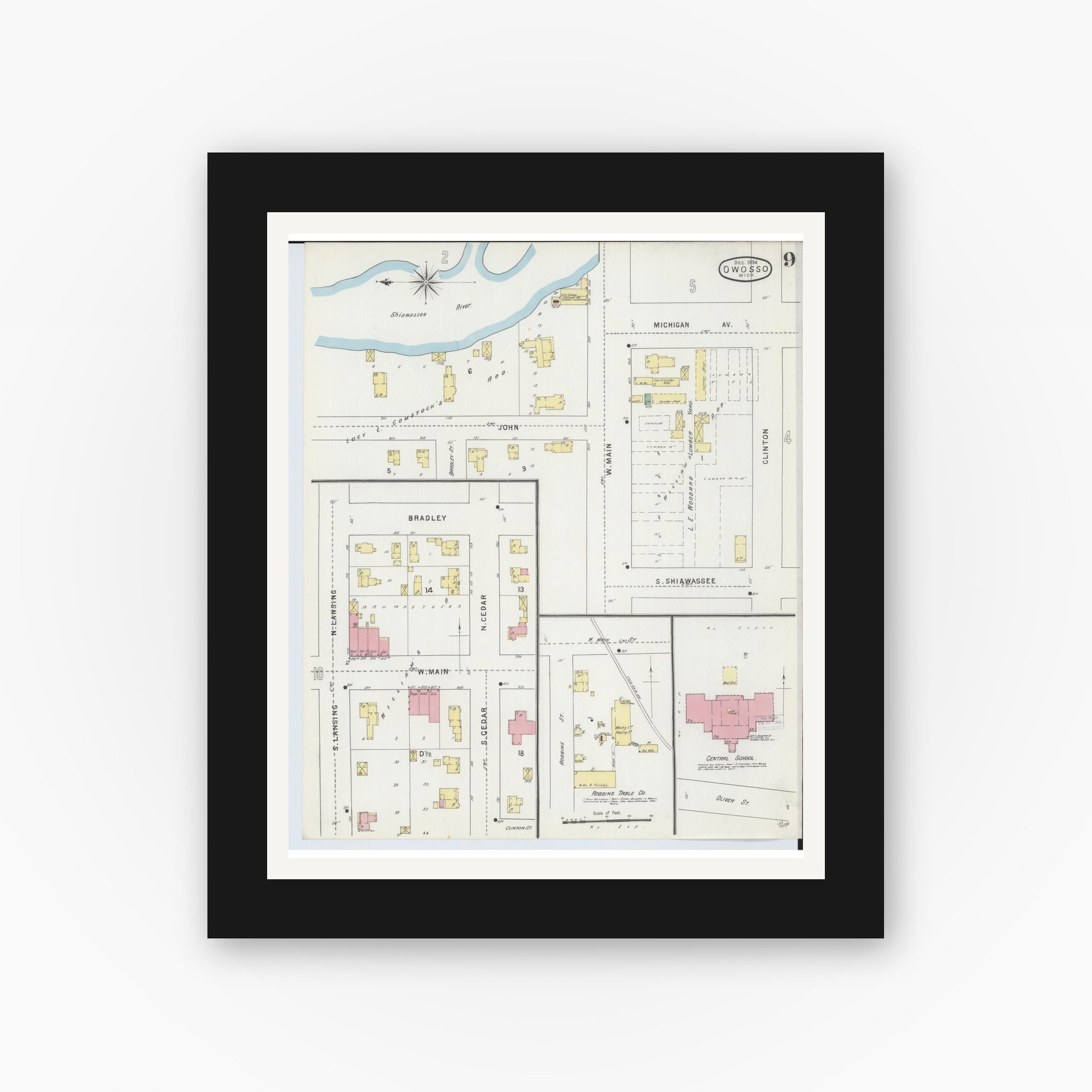 Old map wall art mockup — black gallery frame with white mat — Sanborn Fire Insurance Map from Owosso, Shiawassee County, Michigan (1894), Sheet #0009