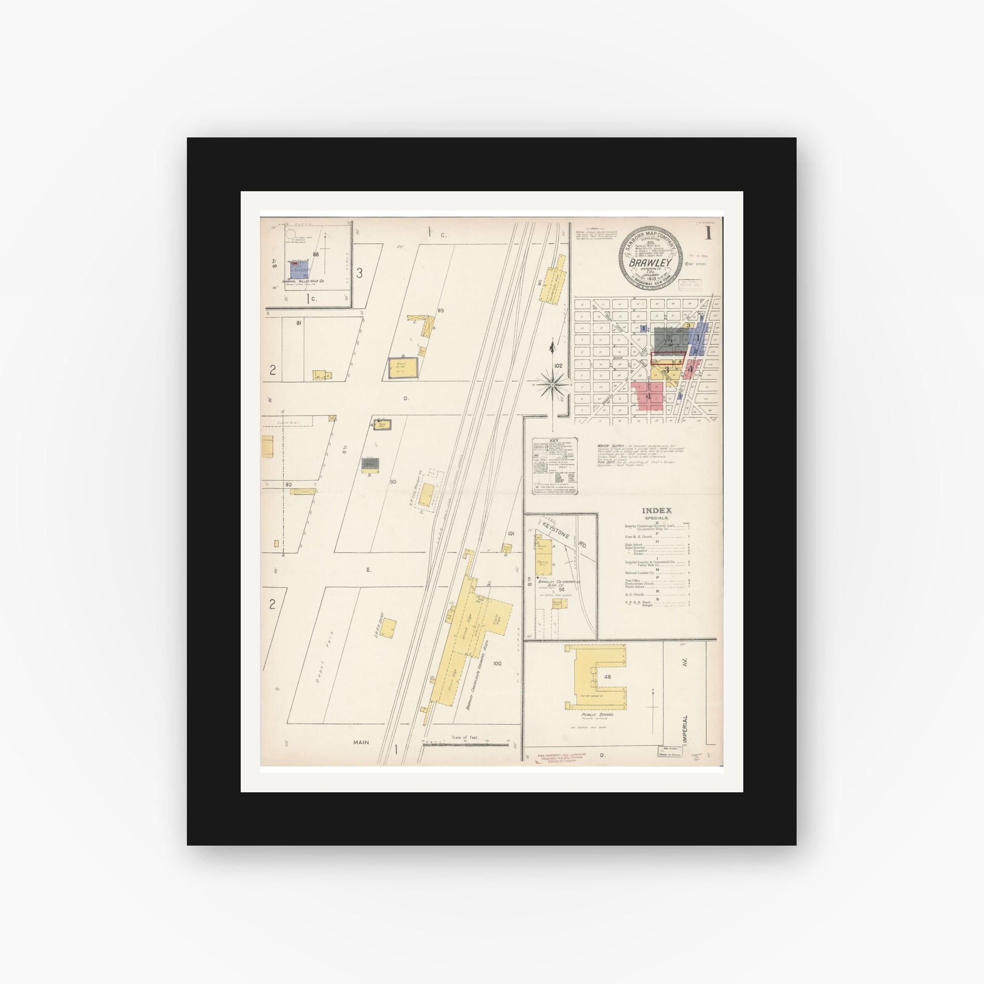 Old map wall art mockup — black gallery frame with white mat — Sanborn Fire Insurance Map from Brawley, Imperial County, California (1910), Sheet #0001