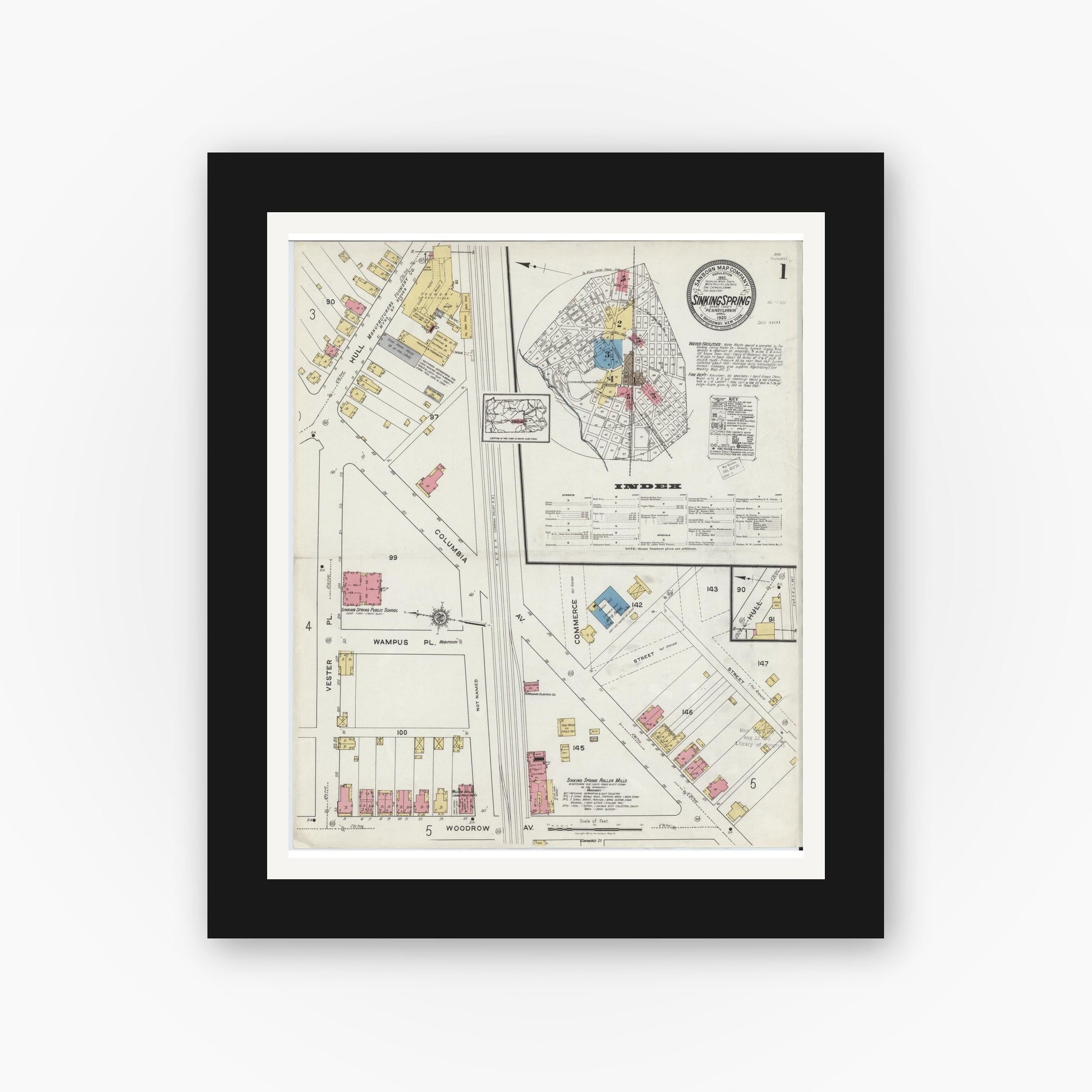 Old map wall art mockup — black gallery frame with white mat — Sanborn Fire Insurance Map from Sinking Spring, Berks County, Pennsylvania (1920), Sheet #0001