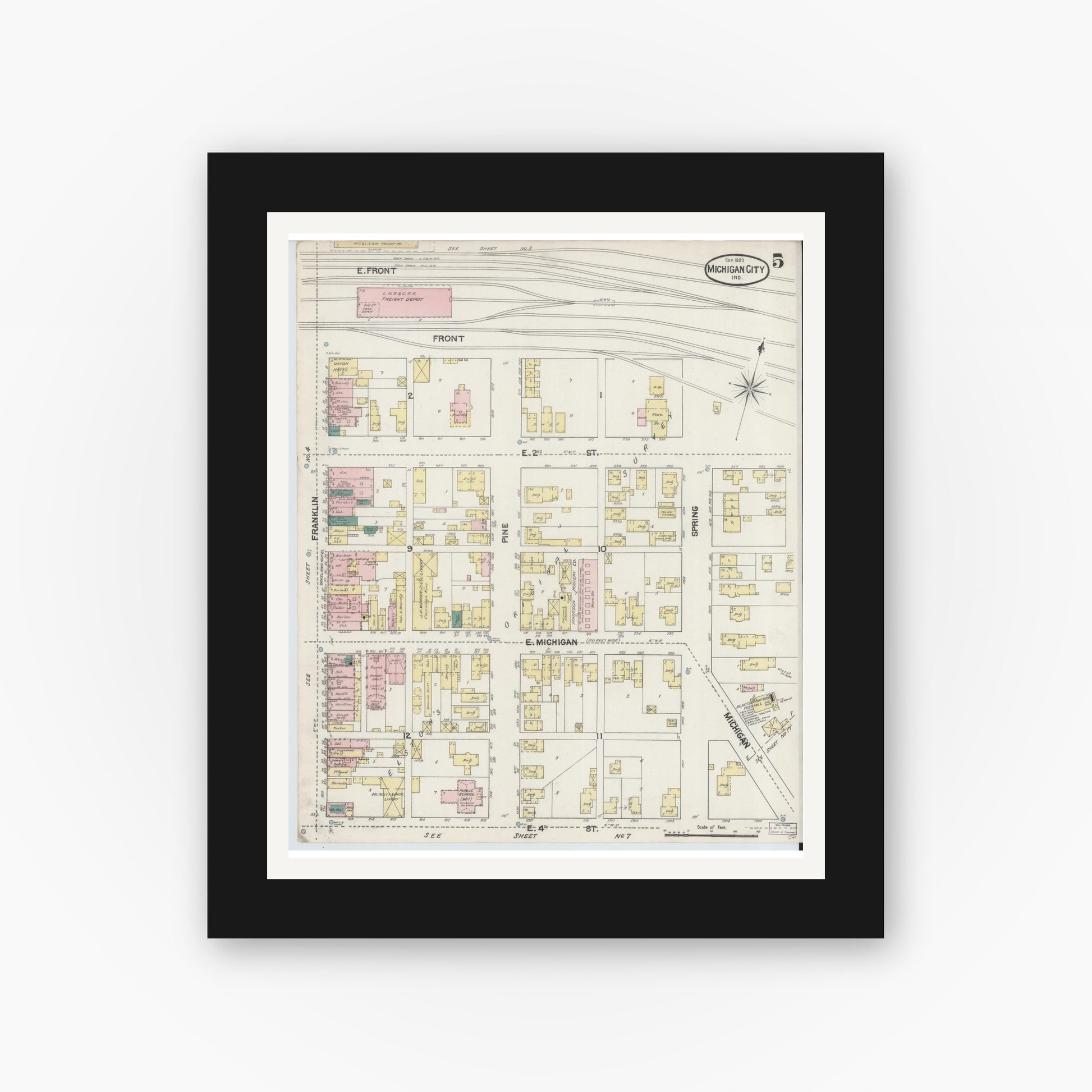 Old map wall art mockup — black gallery frame with white mat — Sanborn Fire Insurance Map from Michigan City, La Porte County, Indiana (1889), Sheet #0005