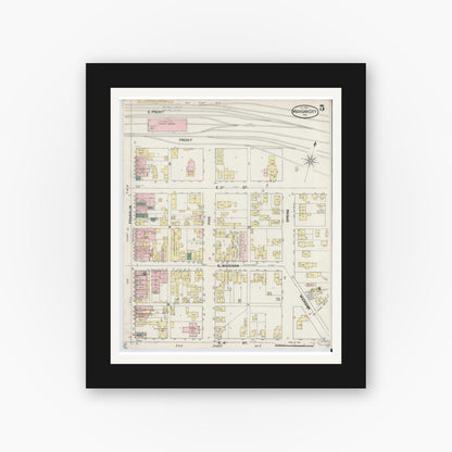 Old map wall art mockup — black gallery frame with white mat — Sanborn Fire Insurance Map from Michigan City, La Porte County, Indiana (1889), Sheet #0005