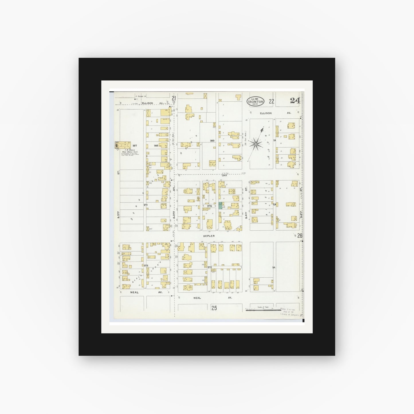 Old map wall art mockup — black gallery frame with white mat — Sanborn Fire Insurance Map from Ironton, Lawrence County, Ohio (1904), Sheet #0024