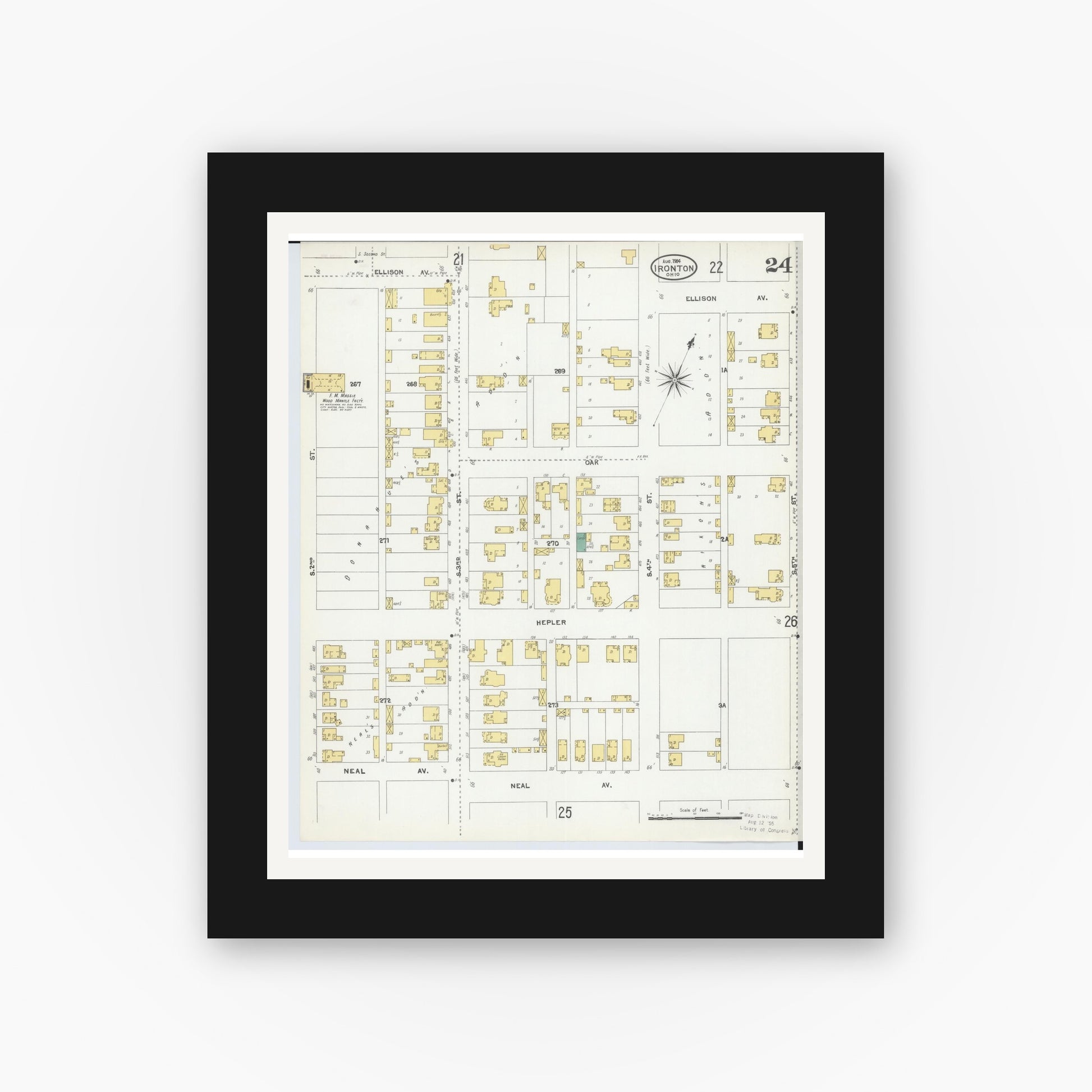 Old map wall art mockup — black gallery frame with white mat — Sanborn Fire Insurance Map from Ironton, Lawrence County, Ohio (1904), Sheet #0024