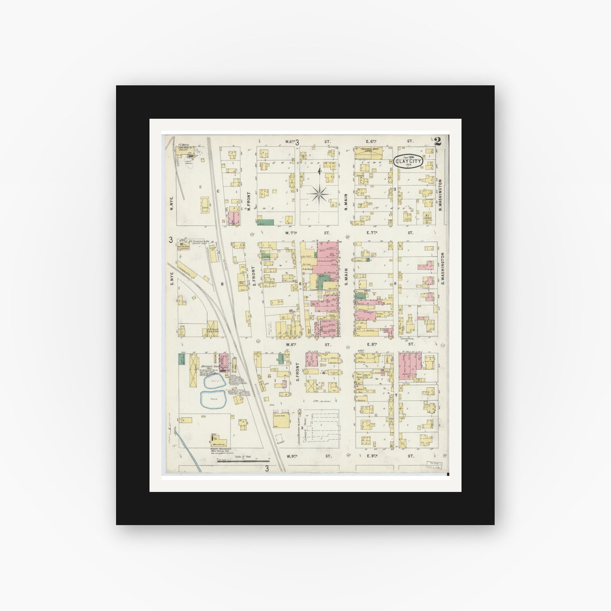 Old map wall art mockup — black gallery frame with white mat — Sanborn Fire Insurance Map from Clay City, Clay County, Indiana (1896), Sheet #0002