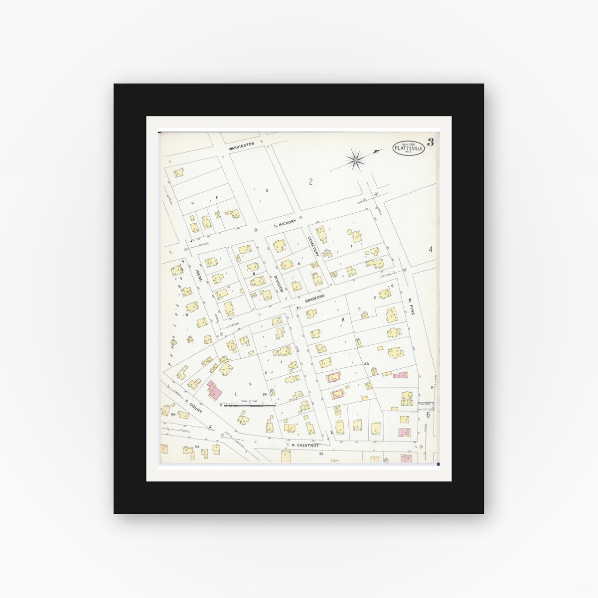 Old map wall art mockup — black gallery frame with white mat — Sanborn Fire Insurance Map from Platteville, Grant County, Wisconsin (1908), Sheet #0003