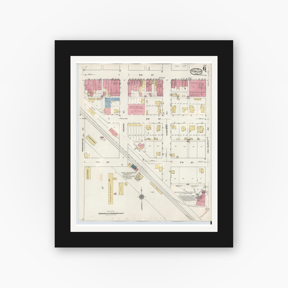 Old map wall art mockup — black gallery frame with white mat — Sanborn Fire Insurance Map from Fowler, Benton County, Indiana (1932), Sheet #0006