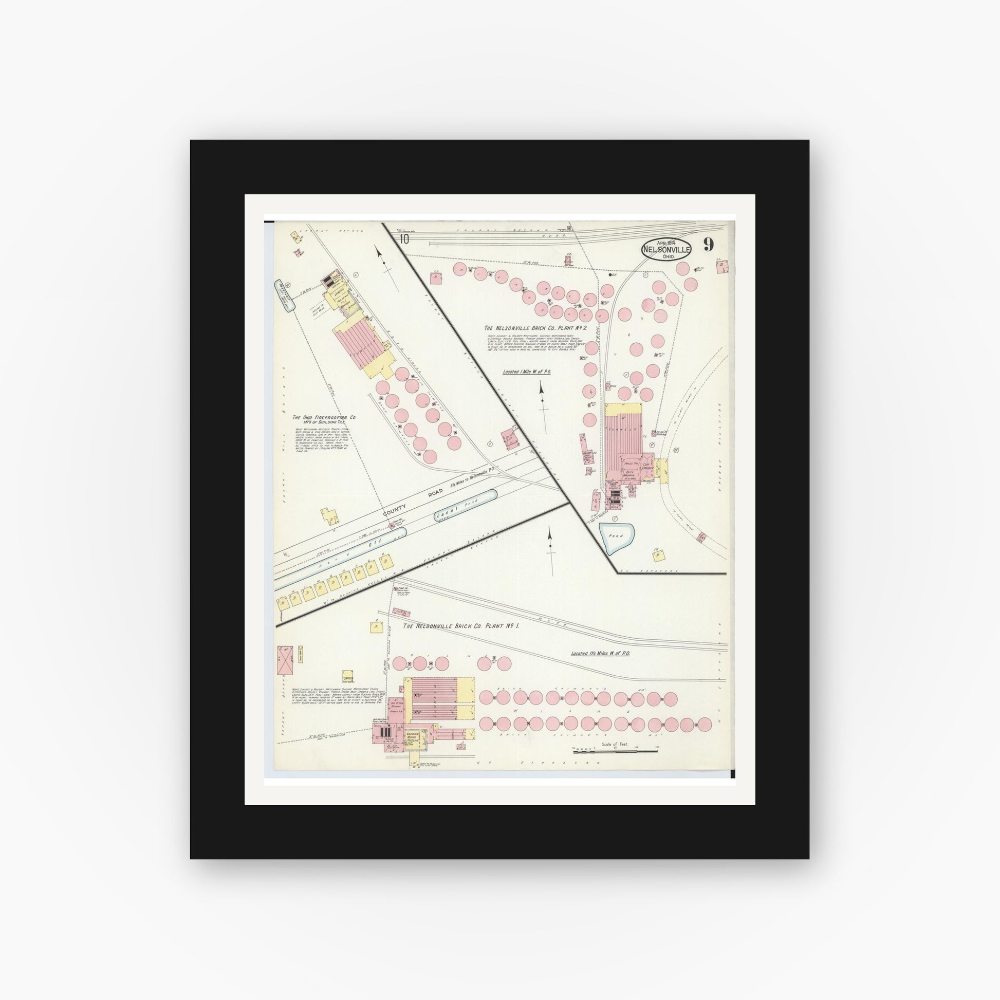 Old map wall art mockup — black gallery frame with white mat — Sanborn Fire Insurance Map from Nelsonville, Athens County, Ohio (1914), Sheet #0009