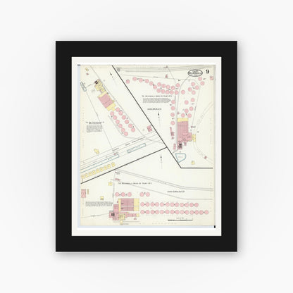 Old map wall art mockup — black gallery frame with white mat — Sanborn Fire Insurance Map from Nelsonville, Athens County, Ohio (1914), Sheet #0009