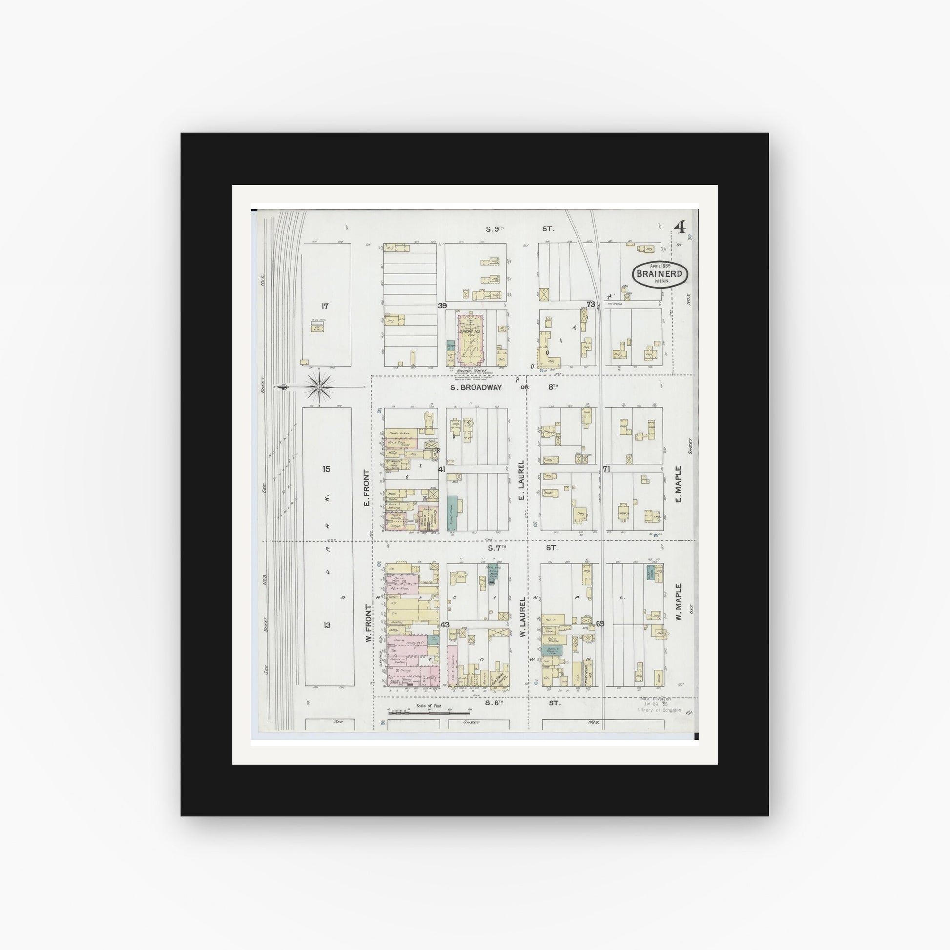 Old map wall art mockup — black gallery frame with white mat — Sanborn Fire Insurance Map from Brainerd, Crow Wing County, Minnesota (1889), Sheet #0004