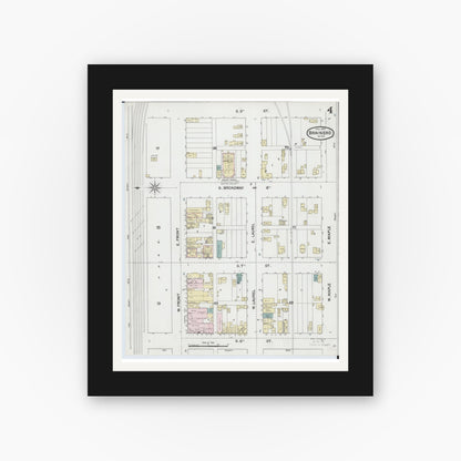 Old map wall art mockup — black gallery frame with white mat — Sanborn Fire Insurance Map from Brainerd, Crow Wing County, Minnesota (1889), Sheet #0004