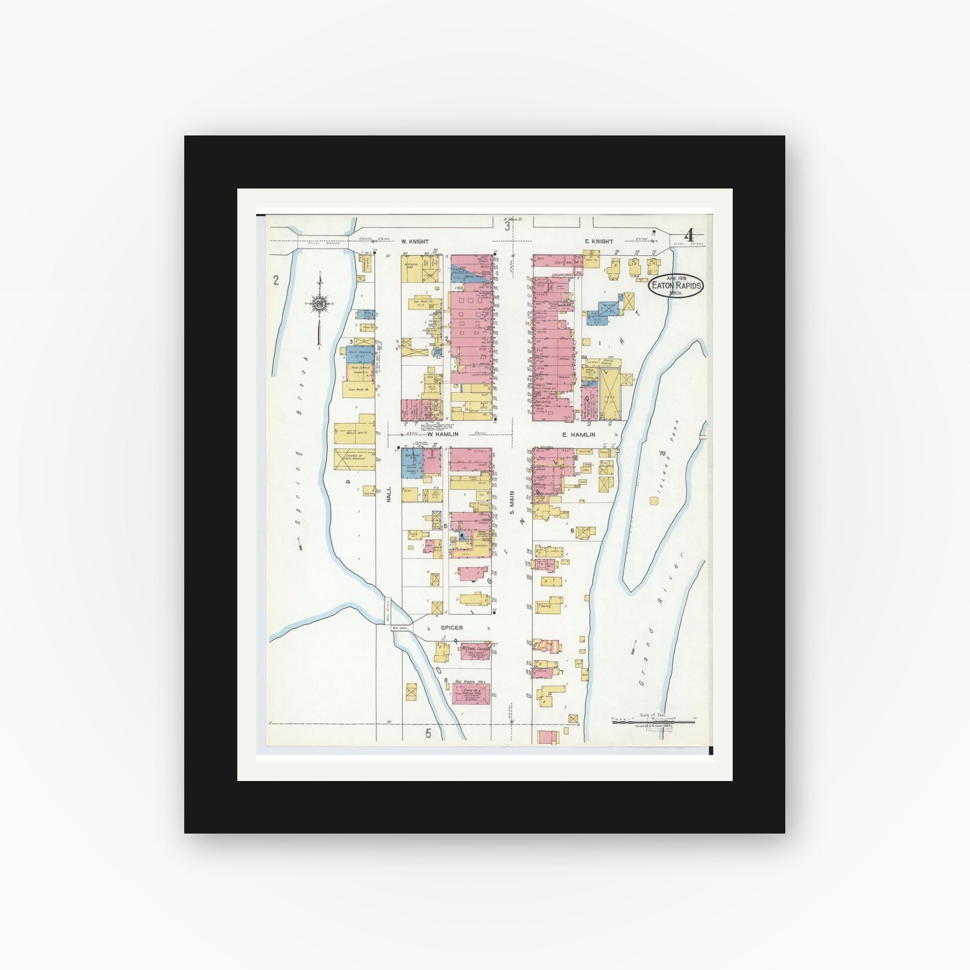 Old map wall art mockup — black gallery frame with white mat — Sanborn Fire Insurance Map from Eaton Rapids, Eaton County, Michigan (1918), Sheet #0004