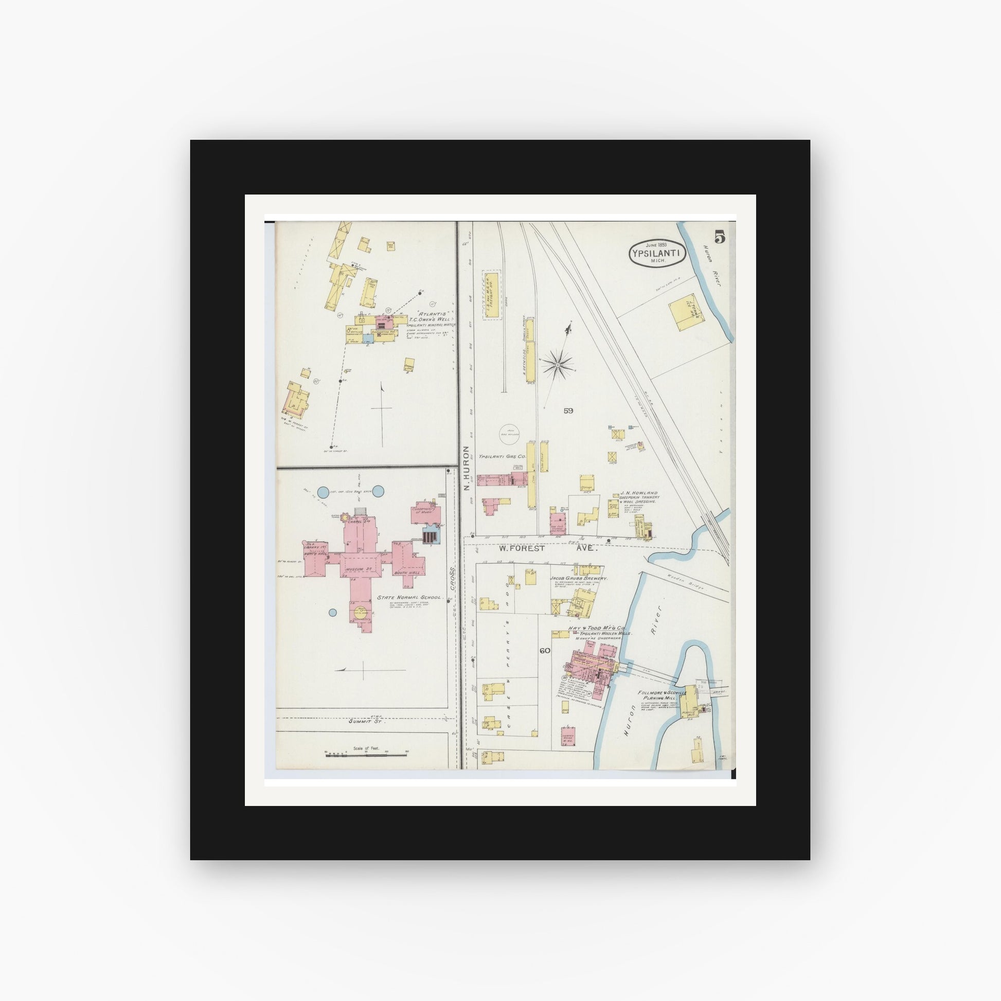 Old map wall art mockup — black gallery frame with white mat — Sanborn Fire Insurance Map from Ypsilanti, Washtenaw County, Michigan (1893), Sheet #0005