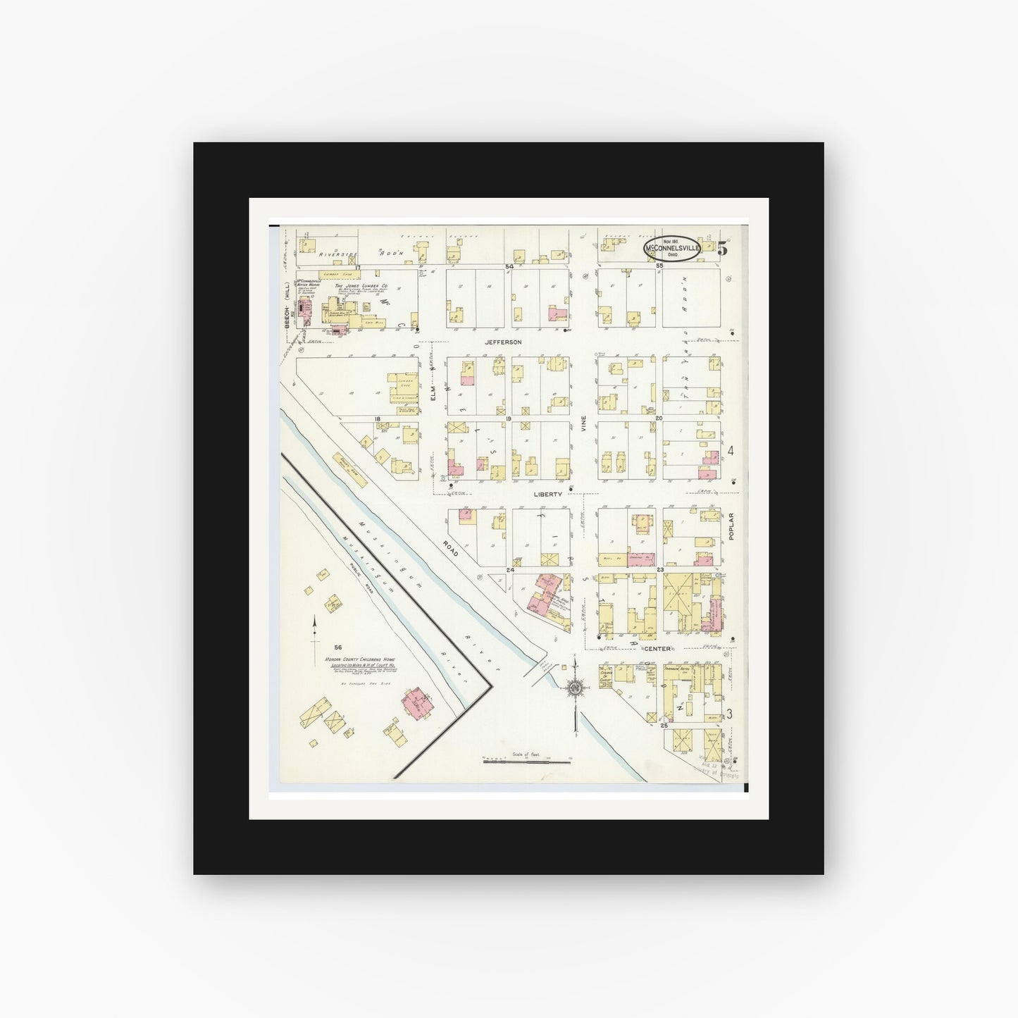 Old map wall art mockup — black gallery frame with white mat — Sanborn Fire Insurance Map from McConnelsville, Morgan County, Ohio (1911), Sheet #0005