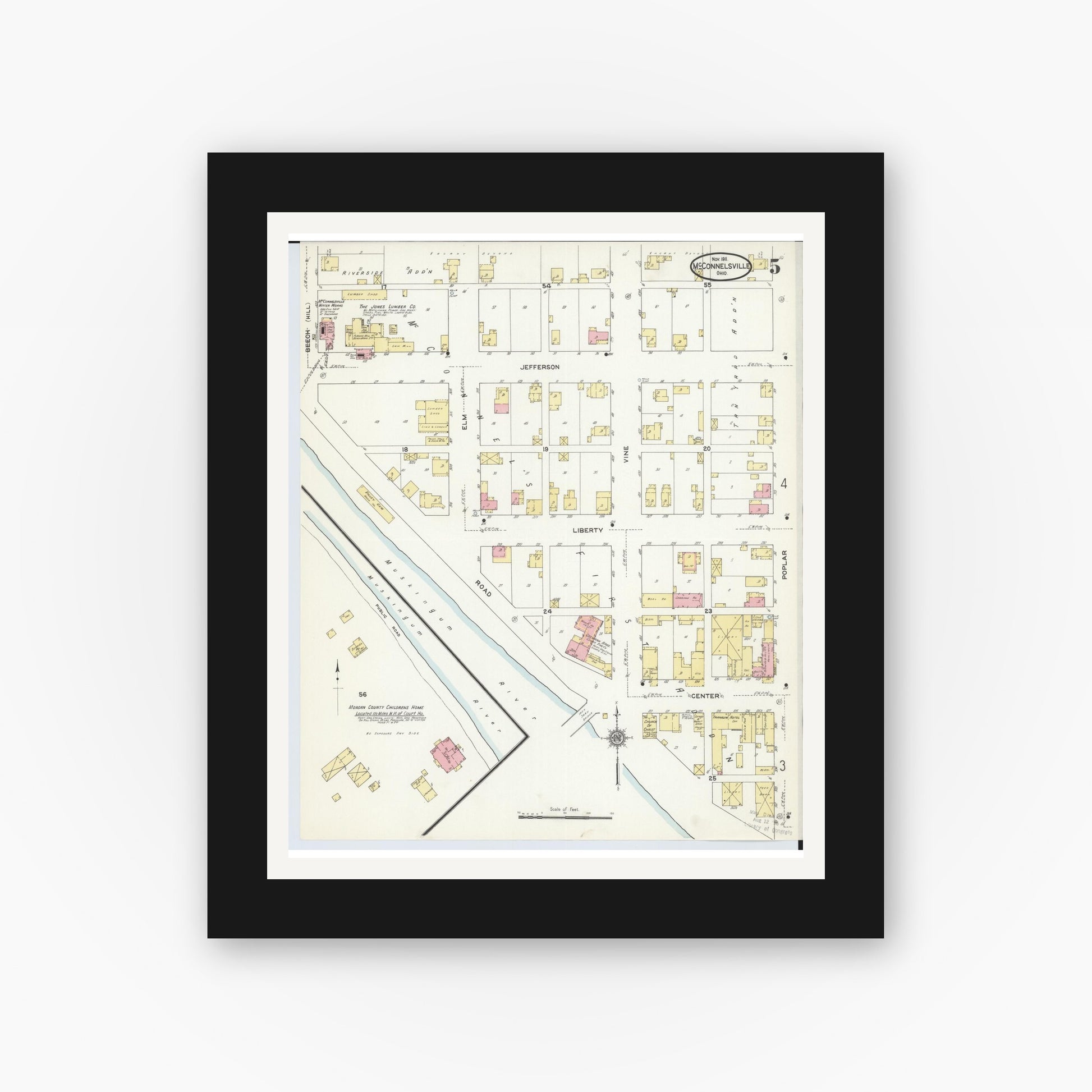Old map wall art mockup — black gallery frame with white mat — Sanborn Fire Insurance Map from McConnelsville, Morgan County, Ohio (1911), Sheet #0005