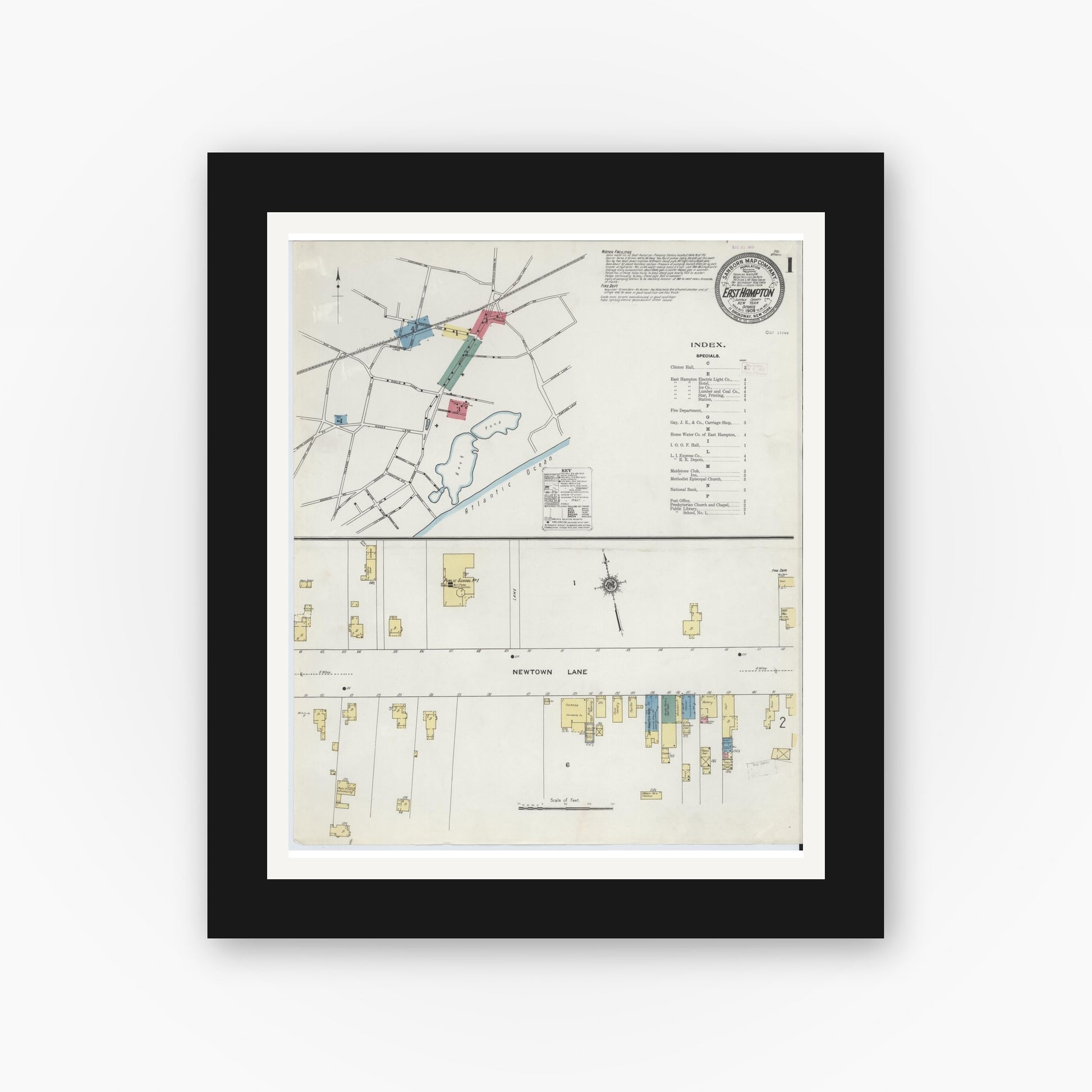 Old map wall art mockup — black gallery frame with white mat — Sanborn Fire Insurance Map from Easthampton, Suffolk County, New York (1909) - Complete Map Set