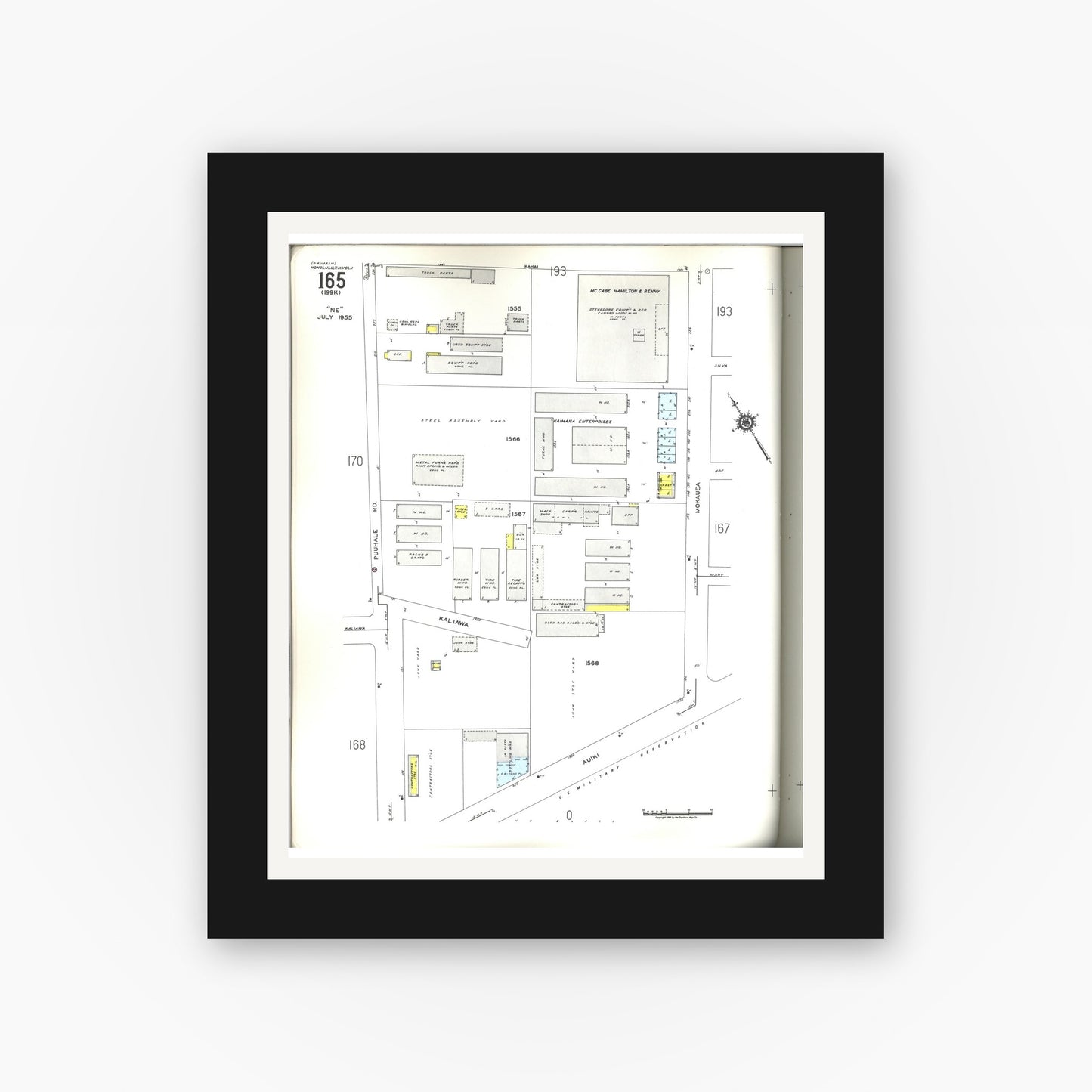 Old map wall art mockup — black gallery frame with white mat — Sanborn Fire Insurance Map from Honolulu, Oahu County, Hawaii (1955), Sheet #0165