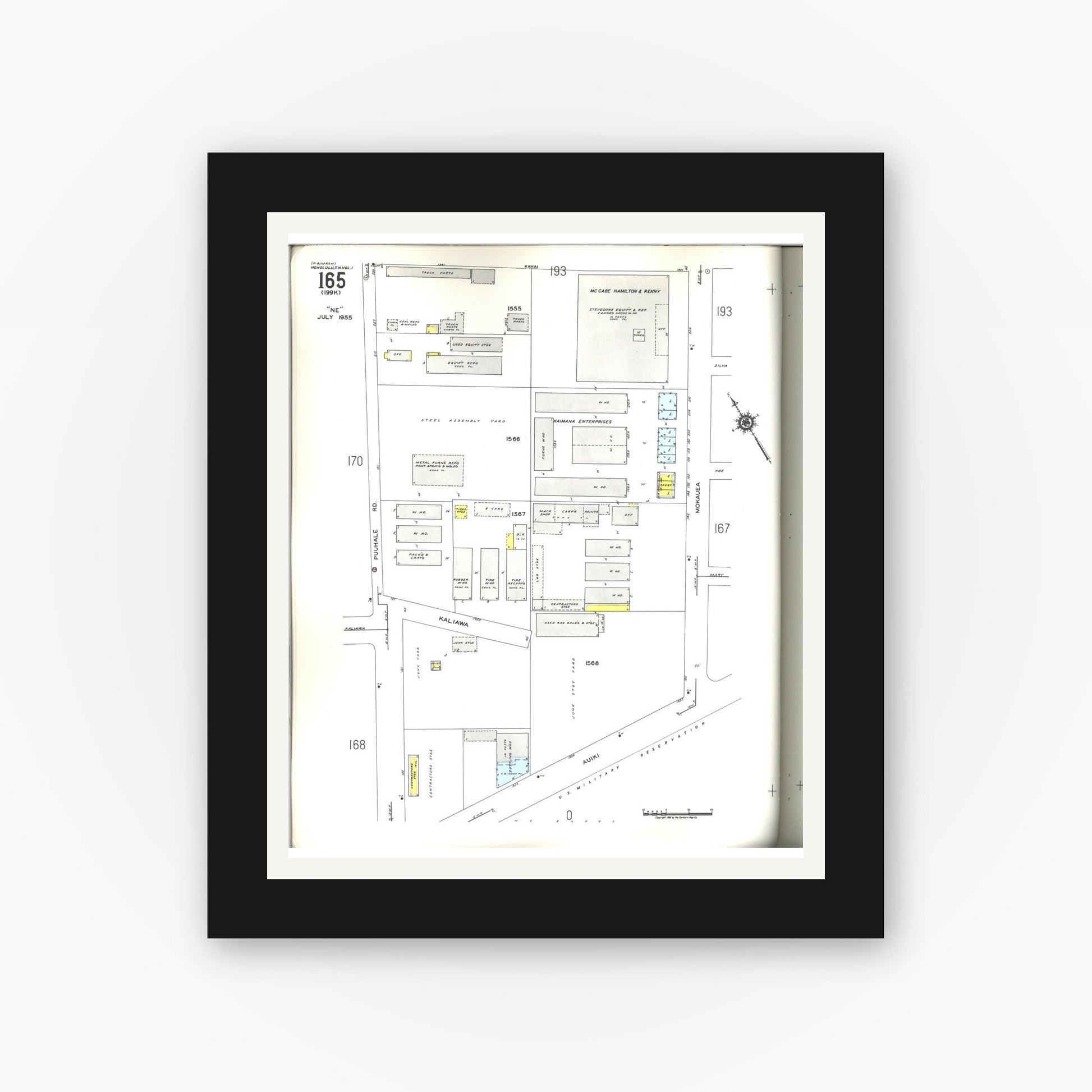 Old map wall art mockup — black gallery frame with white mat — Sanborn Fire Insurance Map from Honolulu, Oahu County, Hawaii (1955), Sheet #0165