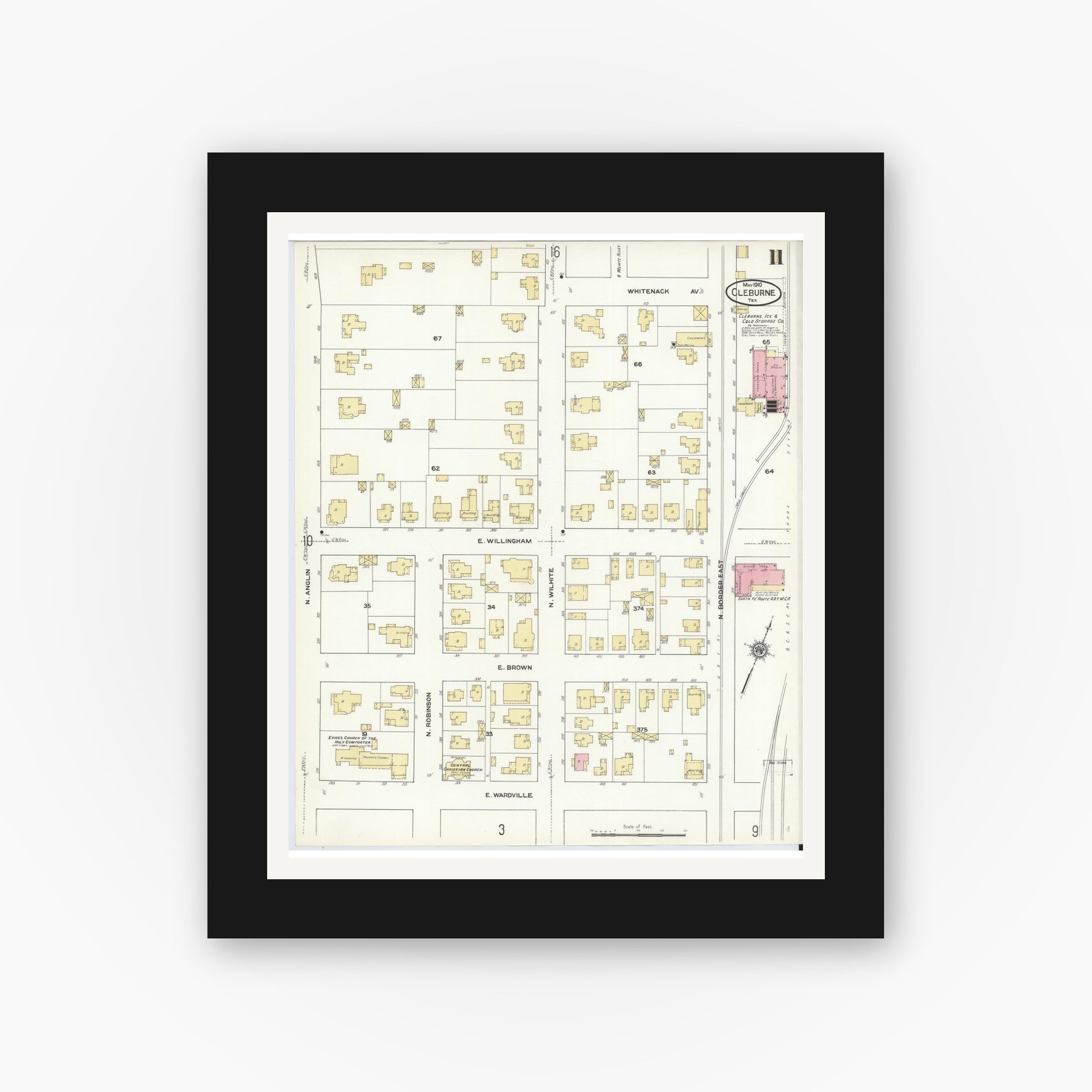Old map wall art mockup — black gallery frame with white mat — Sanborn Fire Insurance Map from Cleburne, Johnson County, Texas (1910), Sheet #0011