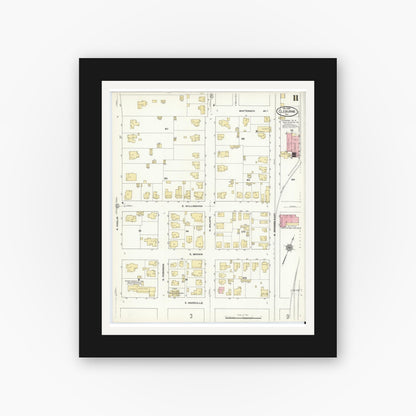 Old map wall art mockup — black gallery frame with white mat — Sanborn Fire Insurance Map from Cleburne, Johnson County, Texas (1910), Sheet #0011